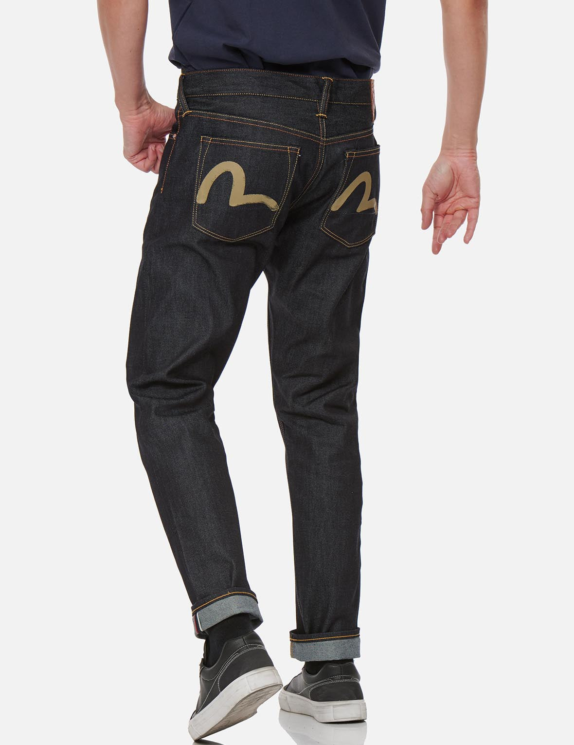 Wash-Effect Seagull Print Carrot Fit Raw Denim Jeans #2017