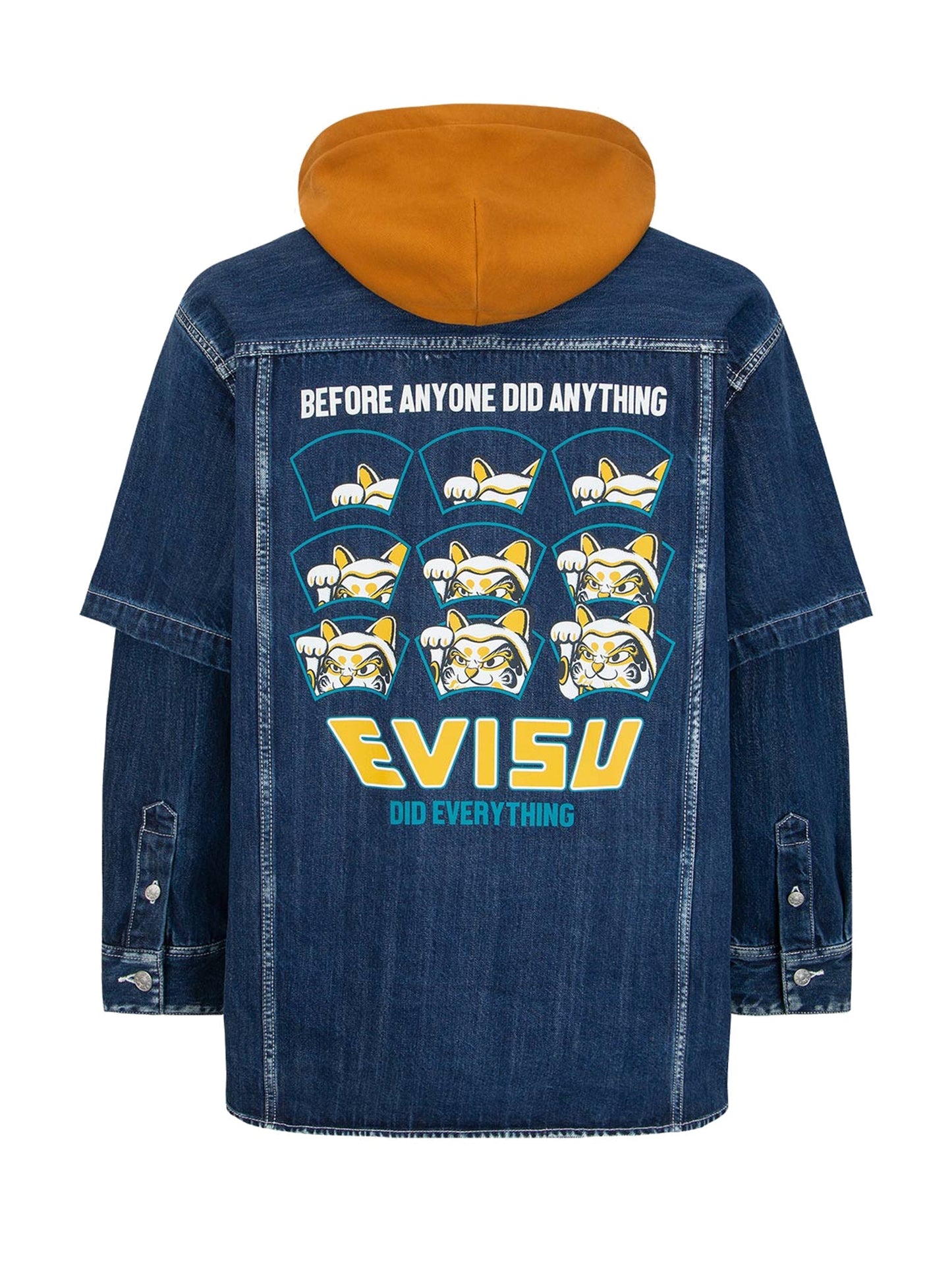 “Fortune Cat Hide-and-Seek” Print Denim Shirt Jacket