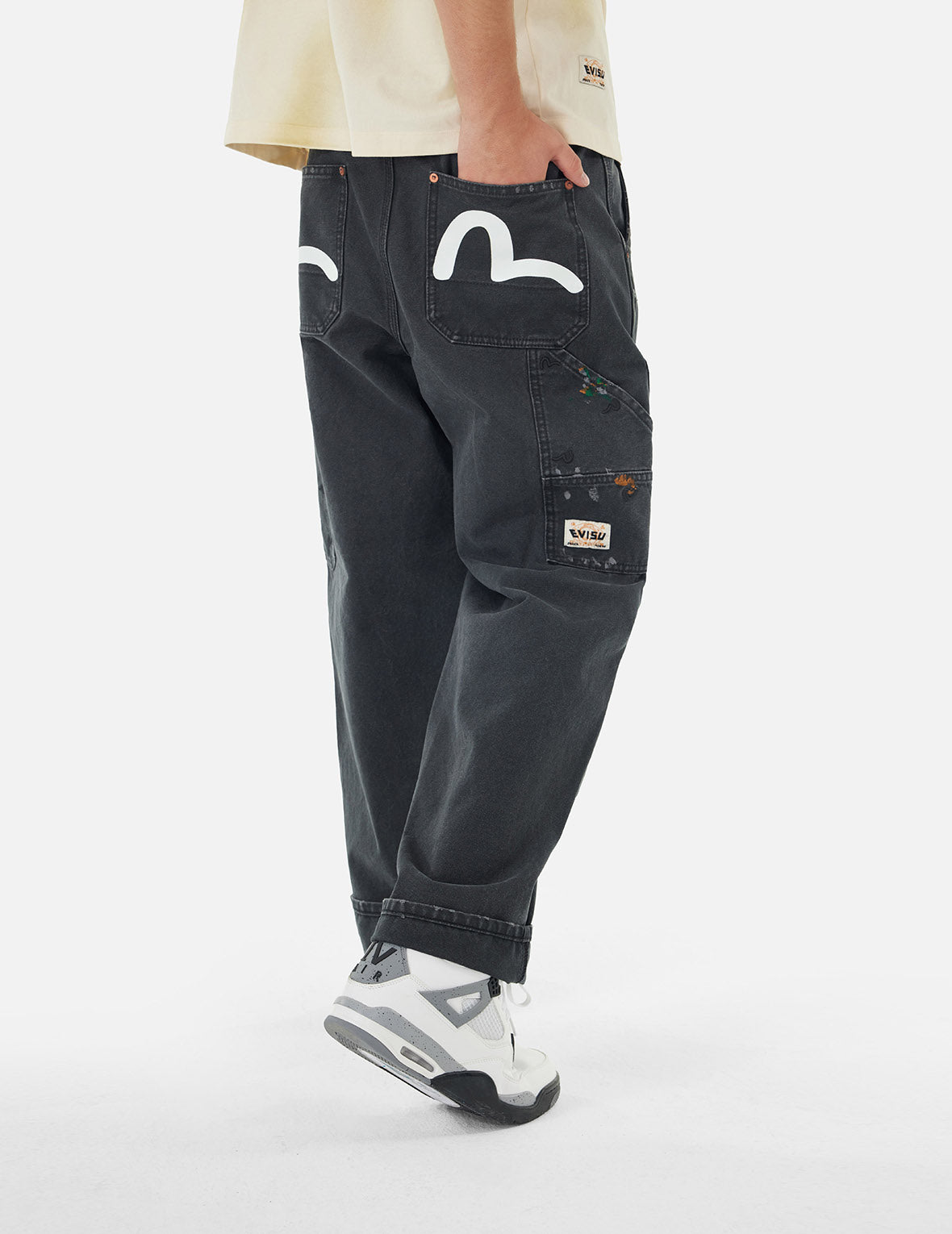 Seagull Embroidery and Logo Print Relax Fit Washed Pants