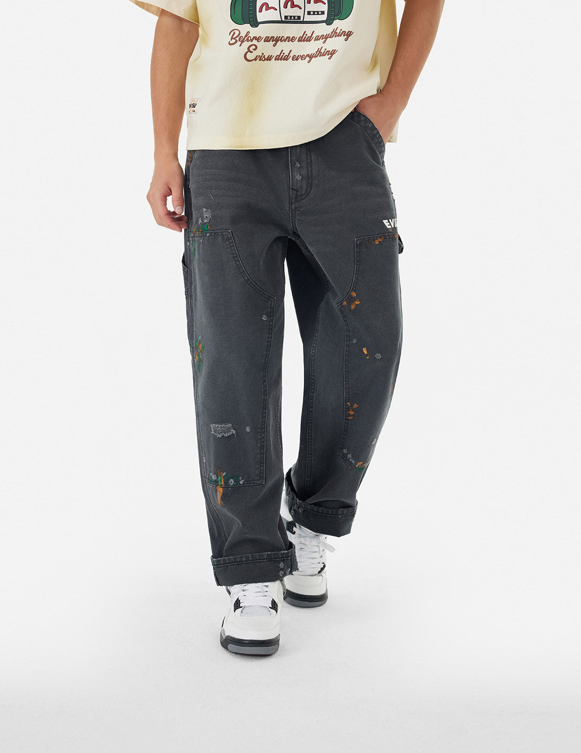 Seagull Embroidery and Logo Print Relax Fit Washed Pants