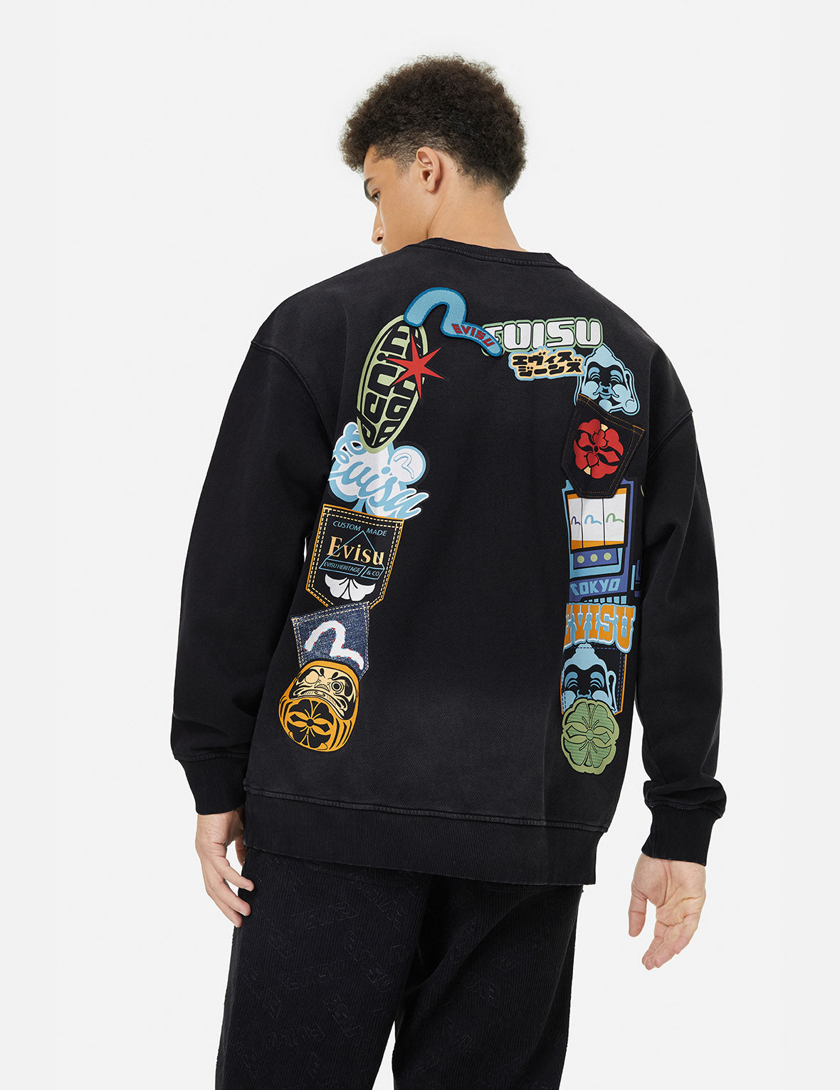 Washed Seagull and Logo Badge Daicock Print Loose Fit Sweatshirt