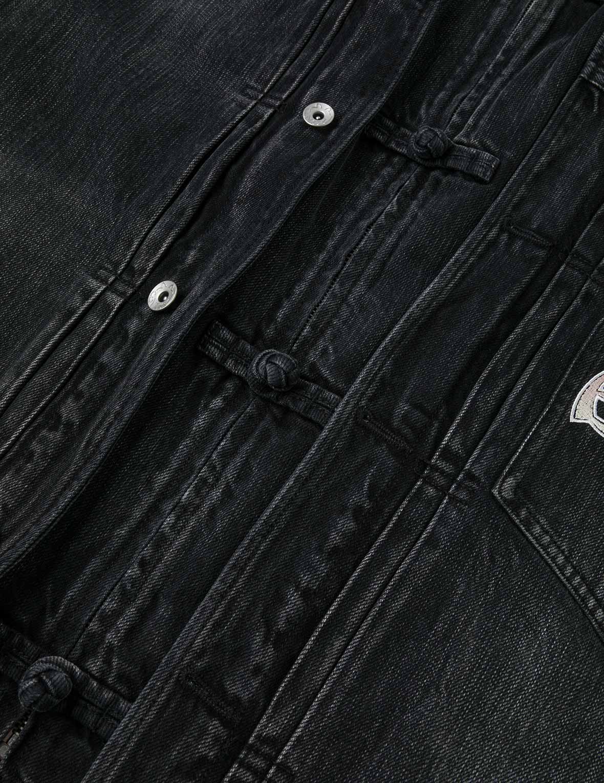 Washed Godhead and Logo Embroidery Oversized Chinese Style Denim Jacket