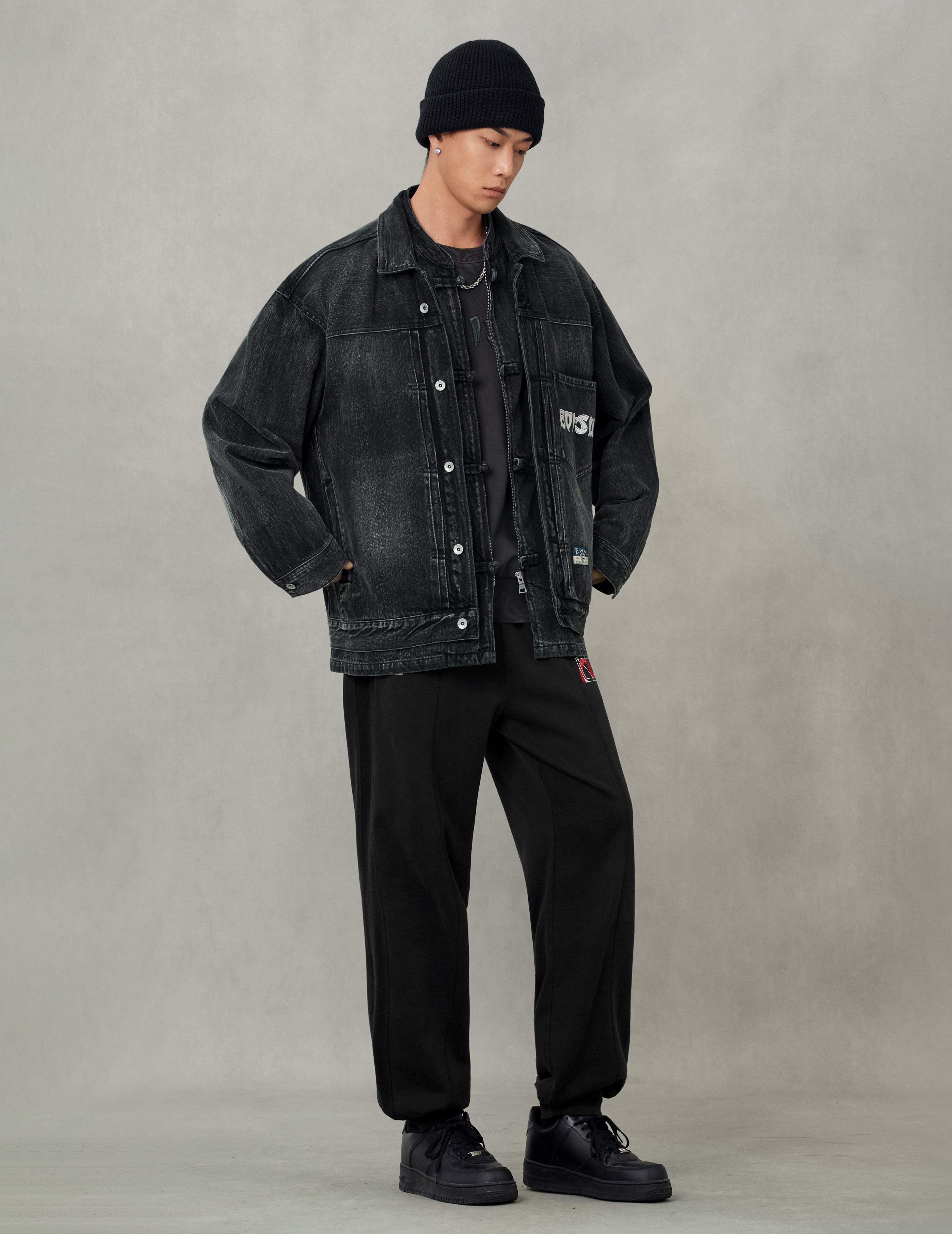 Washed Godhead and Logo Embroidery Oversized Chinese Style Denim Jacket