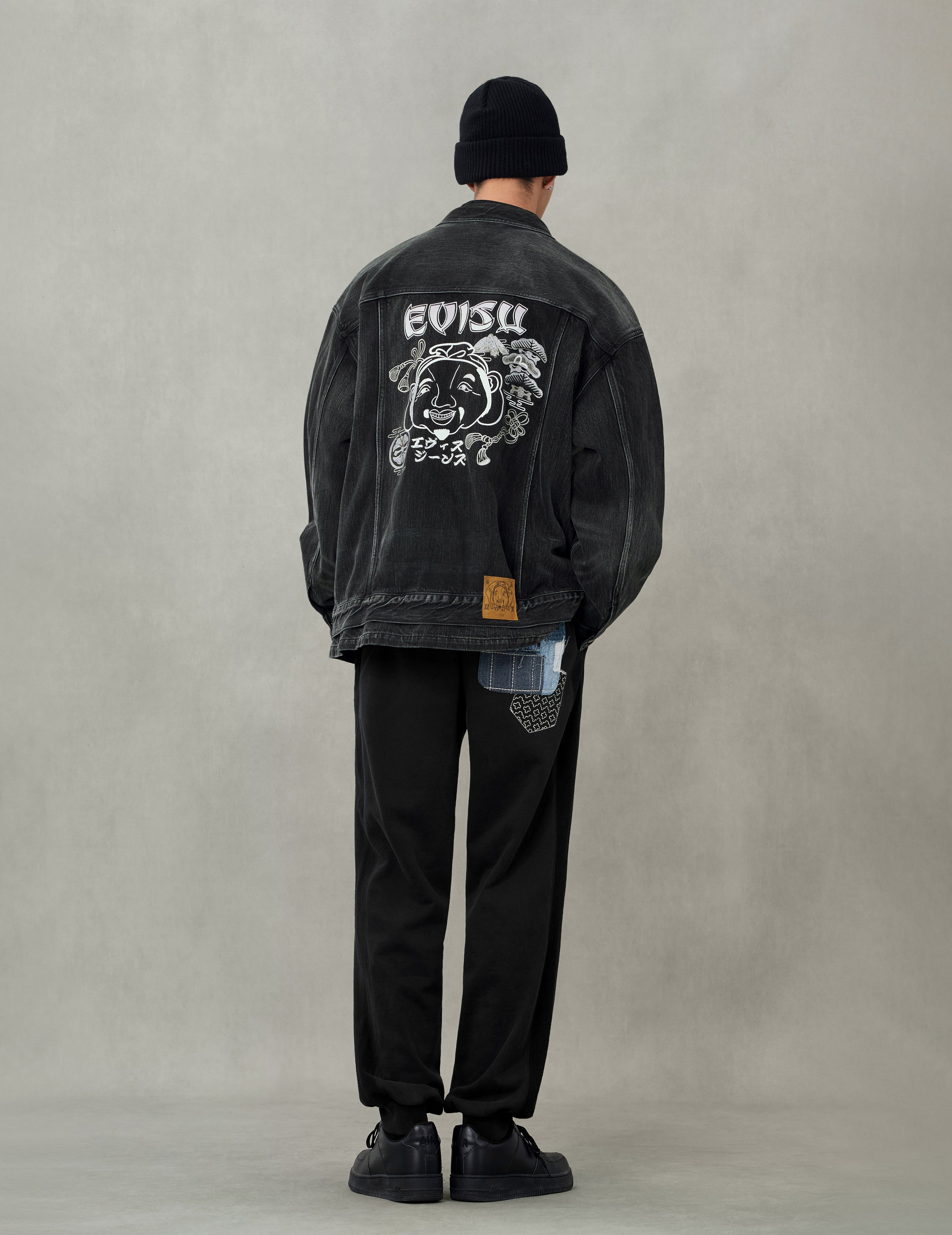 Washed Godhead and Logo Embroidery Oversized Chinese Style Denim Jacket