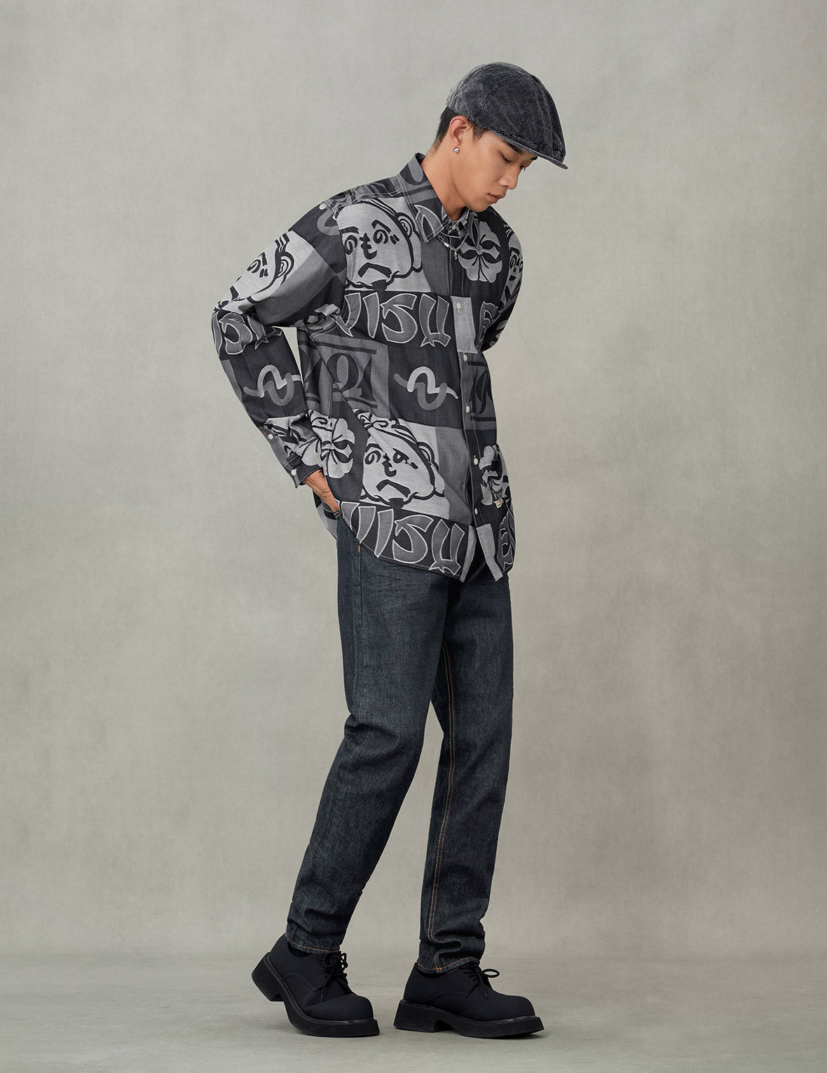 Allover Henohenomohe Godhead Jacquard Relax Fit Denim Shirt