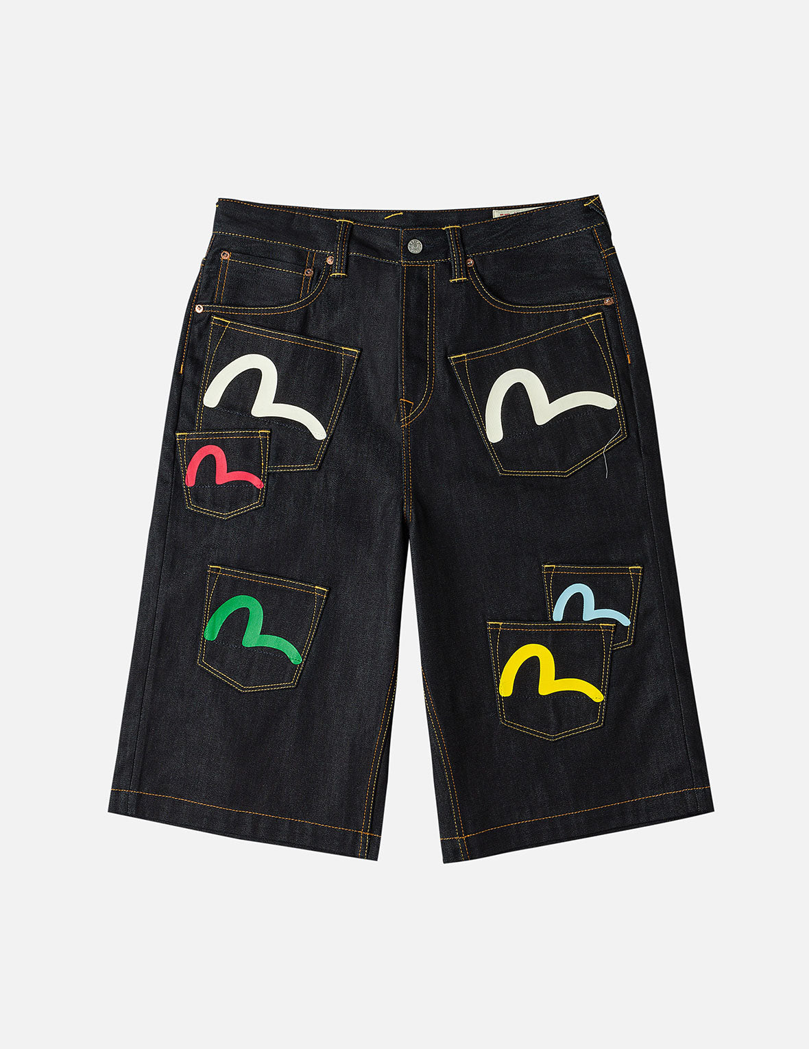 Seagull Print and Multi-Pocket Fashion Fit Denim Shorts