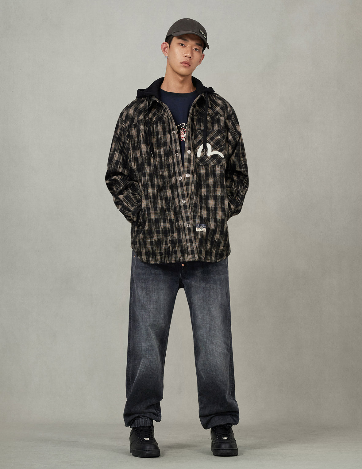 Seagull Embroidery Relax Fit Hooded Checked Shirt Jacket