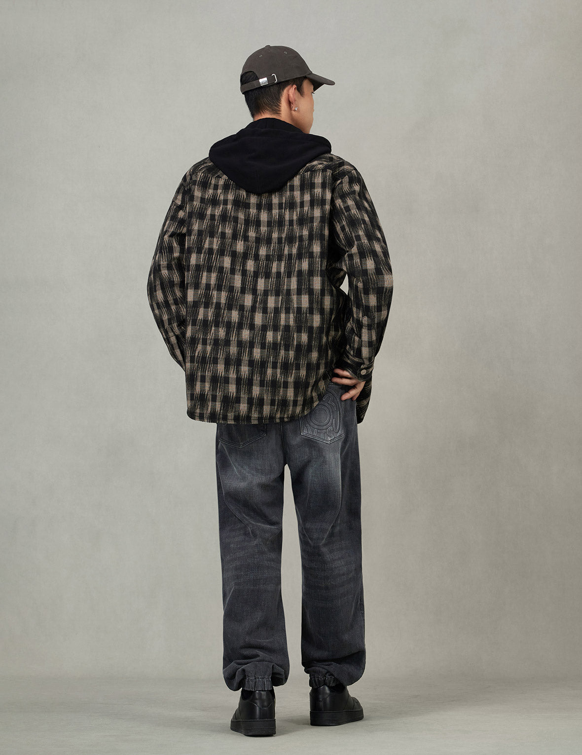 Seagull Embroidery Relax Fit Hooded Checked Shirt Jacket