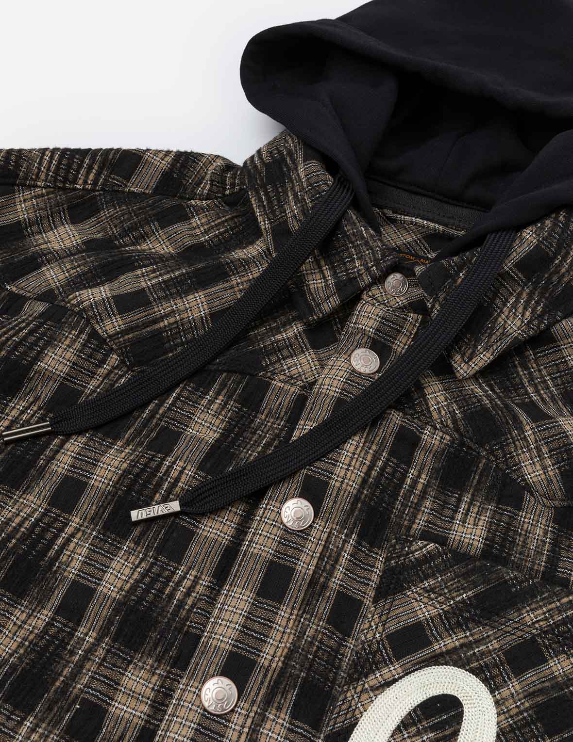 Seagull Embroidery Relax Fit Hooded Checked Shirt Jacket