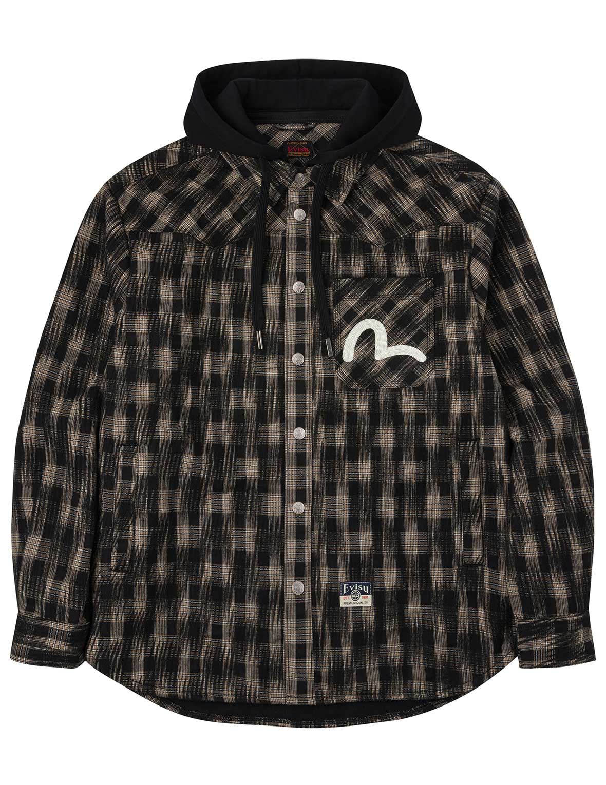 Seagull Embroidery Relax Fit Hooded Checked Shirt Jacket