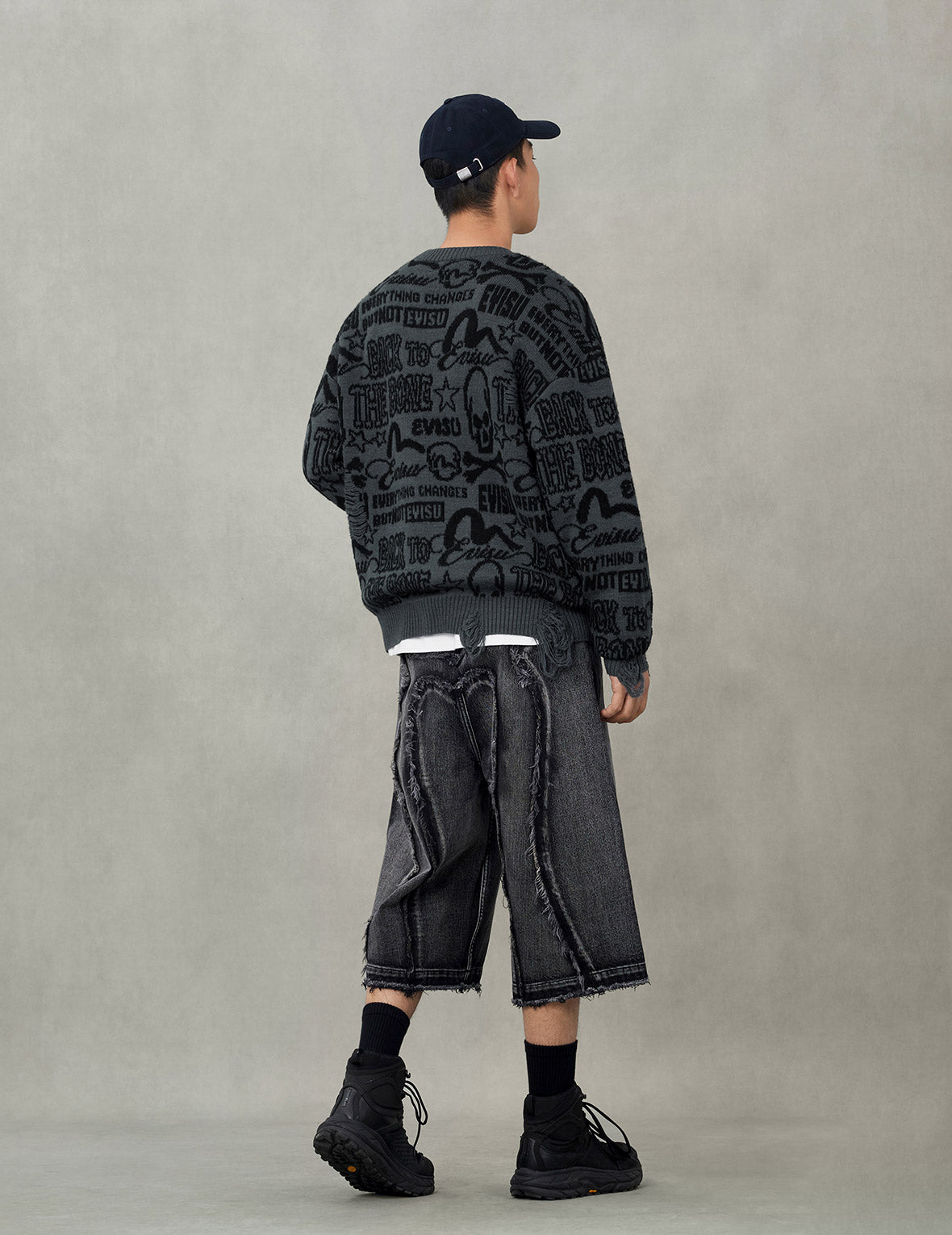 Allover Logos Jacquard Oversized Distressed Knit Sweater
