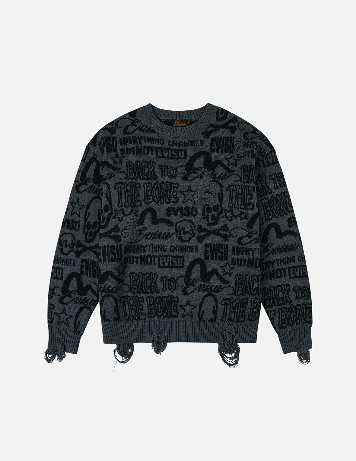 Allover Logos Jacquard Oversized Distressed Knit Sweater