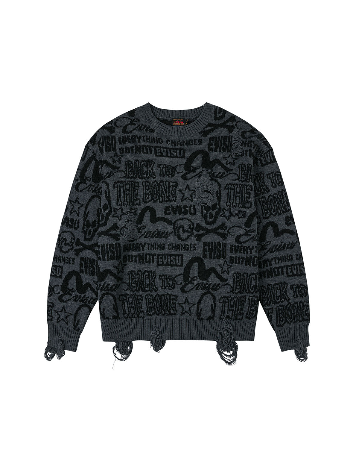 Allover Logos Jacquard Oversized Distressed Knit Sweater
