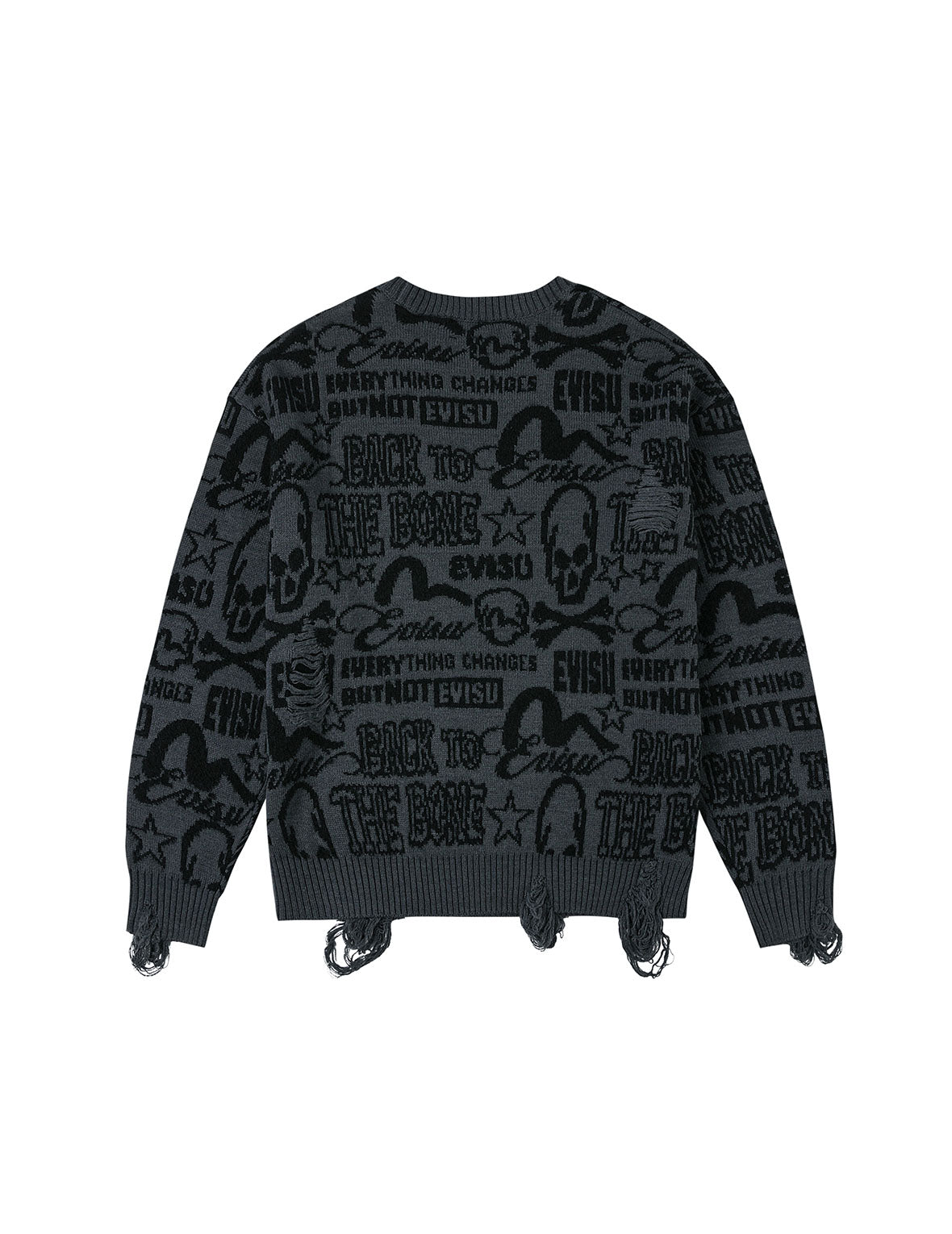 Allover Logos Jacquard Oversized Distressed Knit Sweater