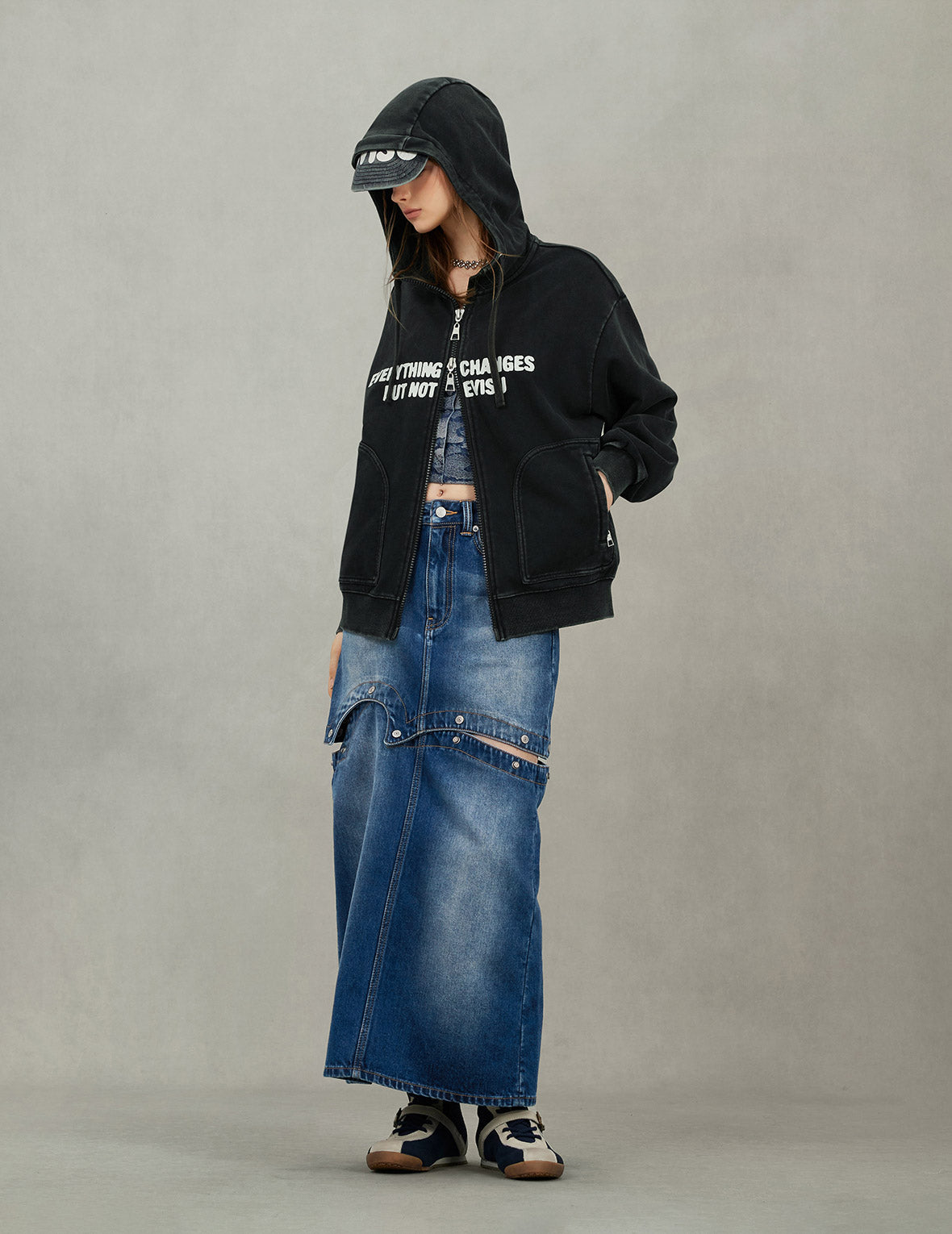 Slogan Print Oversized with Cap Hooded Jacket