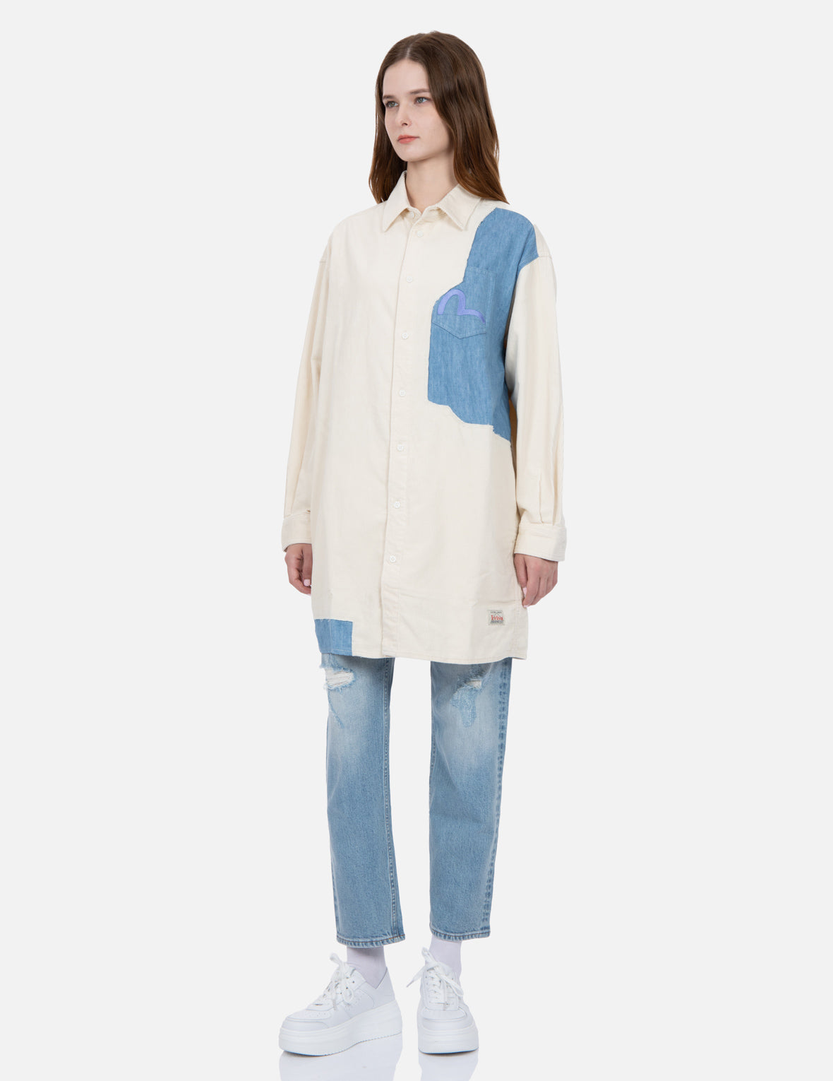 Tear-Off Design Fabric Blocking Corduroy Shirt Dress
