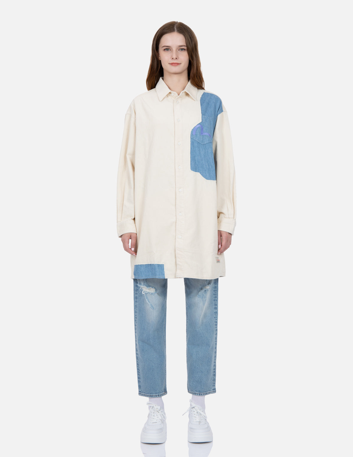 Tear-Off Design Fabric Blocking Corduroy Shirt Dress