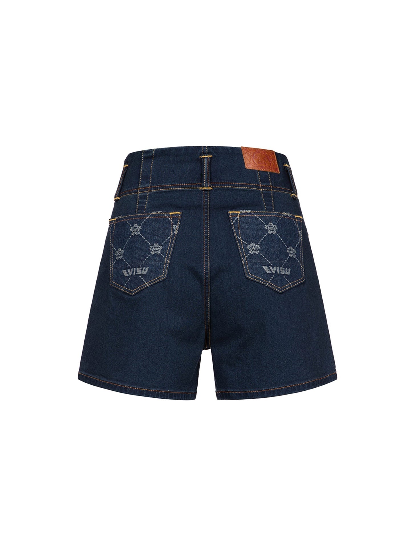 Allover Kamon Pattern Pockets High Waist Denim Shorts