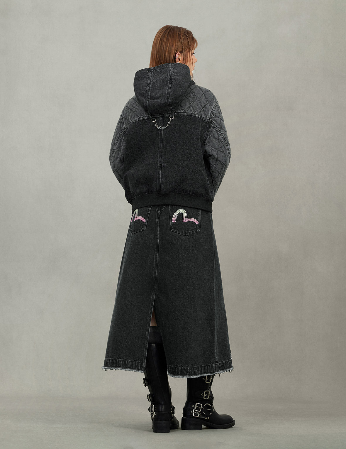 Seagull Embroidery Fashion Fit Hooded Padded Denim Jacket