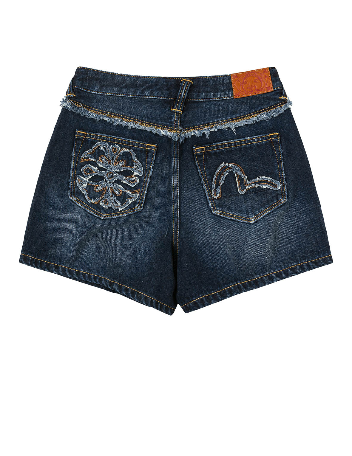 Distressed Kamon and Seagull Appliqué Embroidery Fashion Fit Denim Shorts
