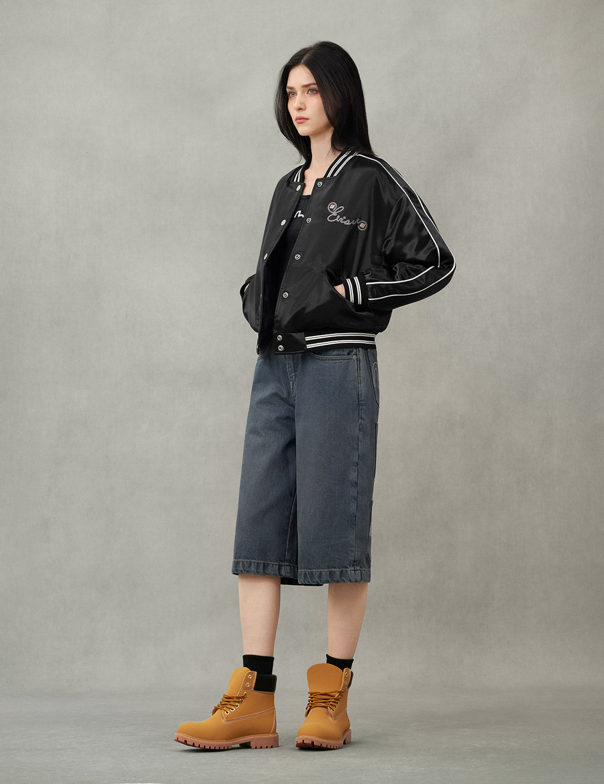 Logo and Fuzzy Cat Embroidery Fashion Fit Varsity Jacket
