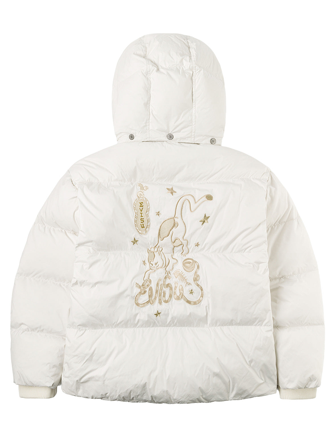 Gold-Thread Cat Appliqué Fashion Fit Down Jacket with Detachable Hood