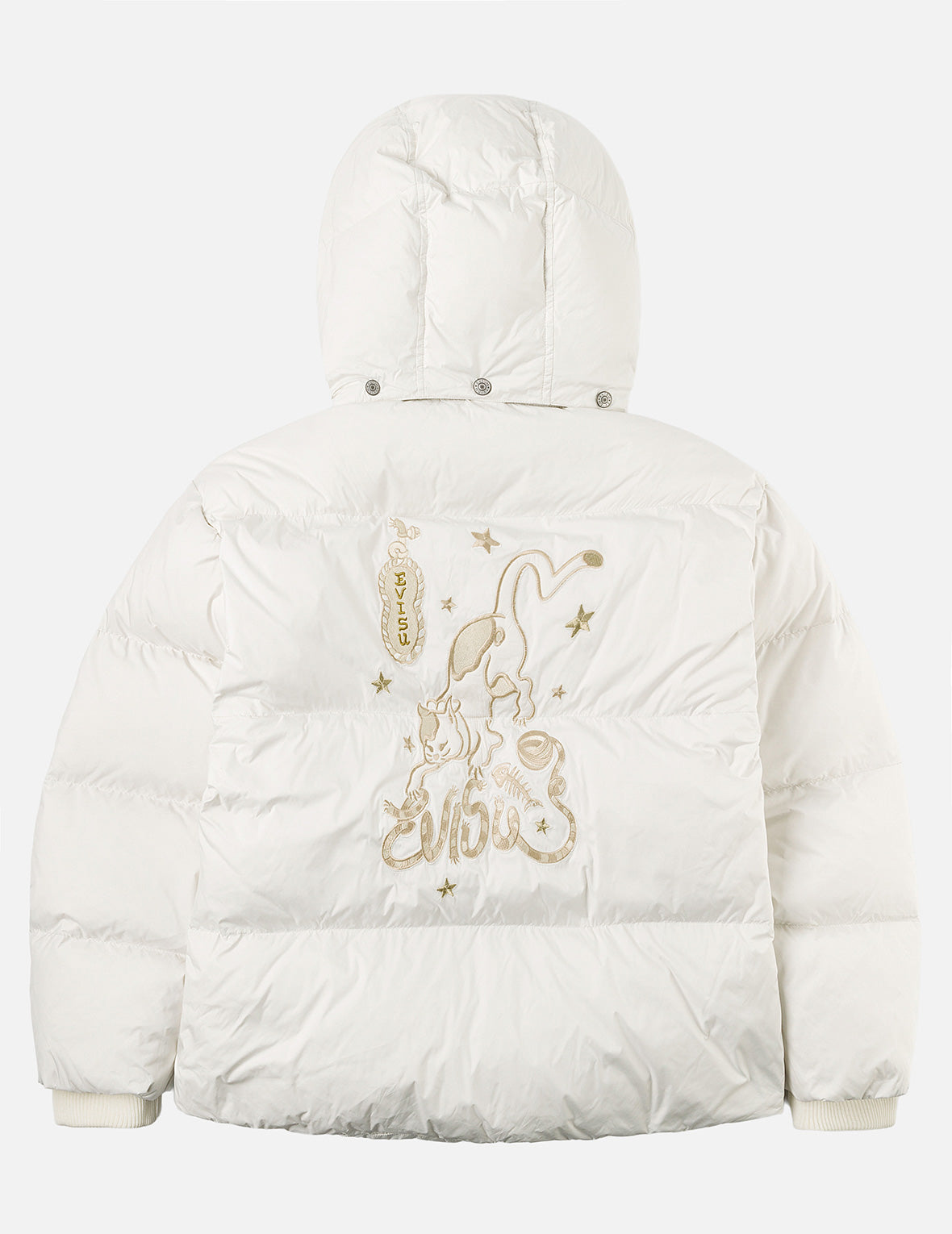 Gold-Thread Cat Appliqué Fashion Fit Down Jacket with Detachable Hood