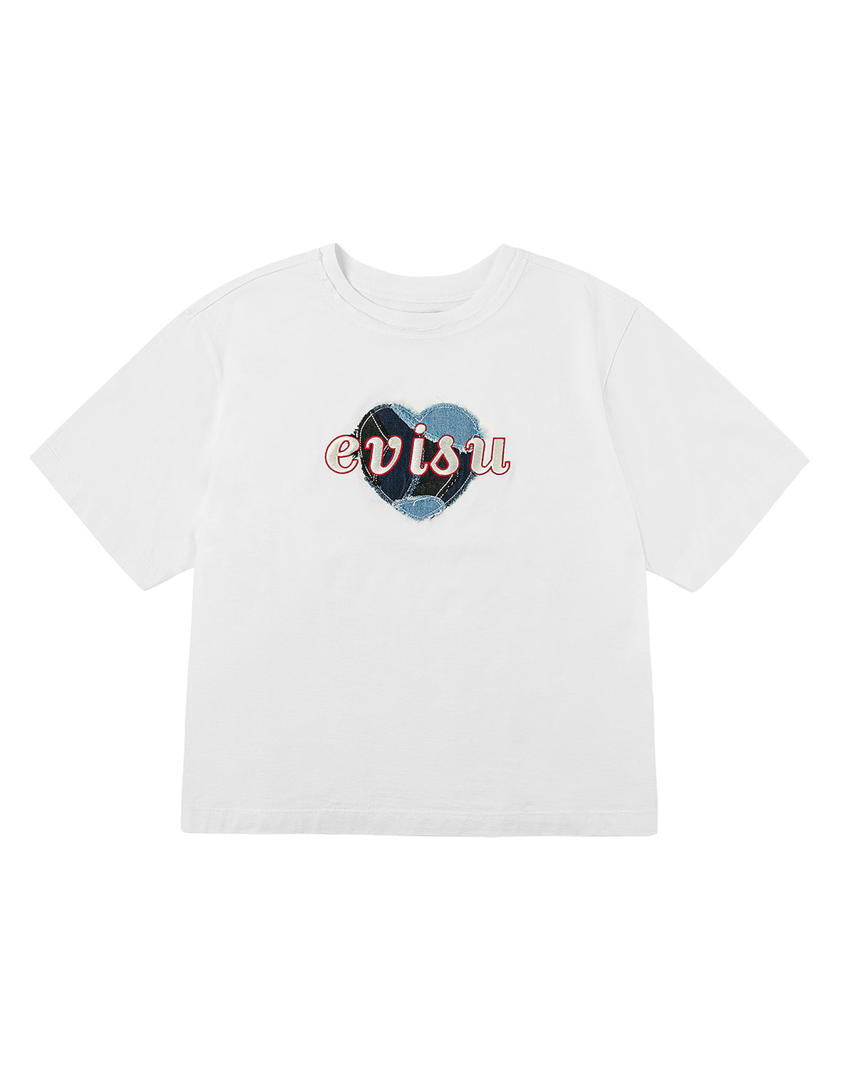 Denim Patchwork Heart and Logo Embroidery Drop Shoulder T-Shirt