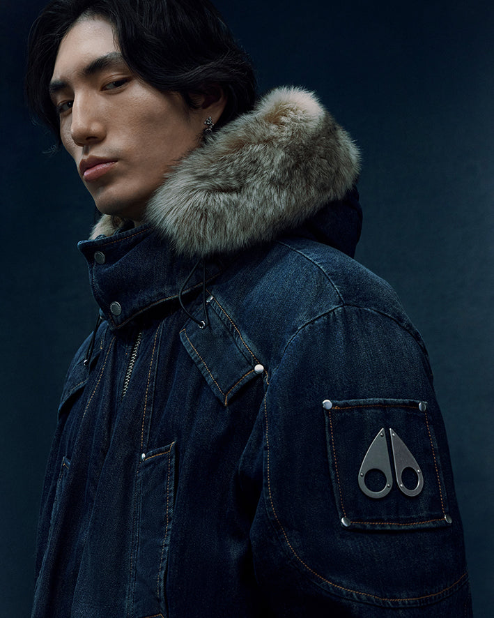 EVISU X MOOSE KNUCKLES Ukiyo-e Denim Bomber Down