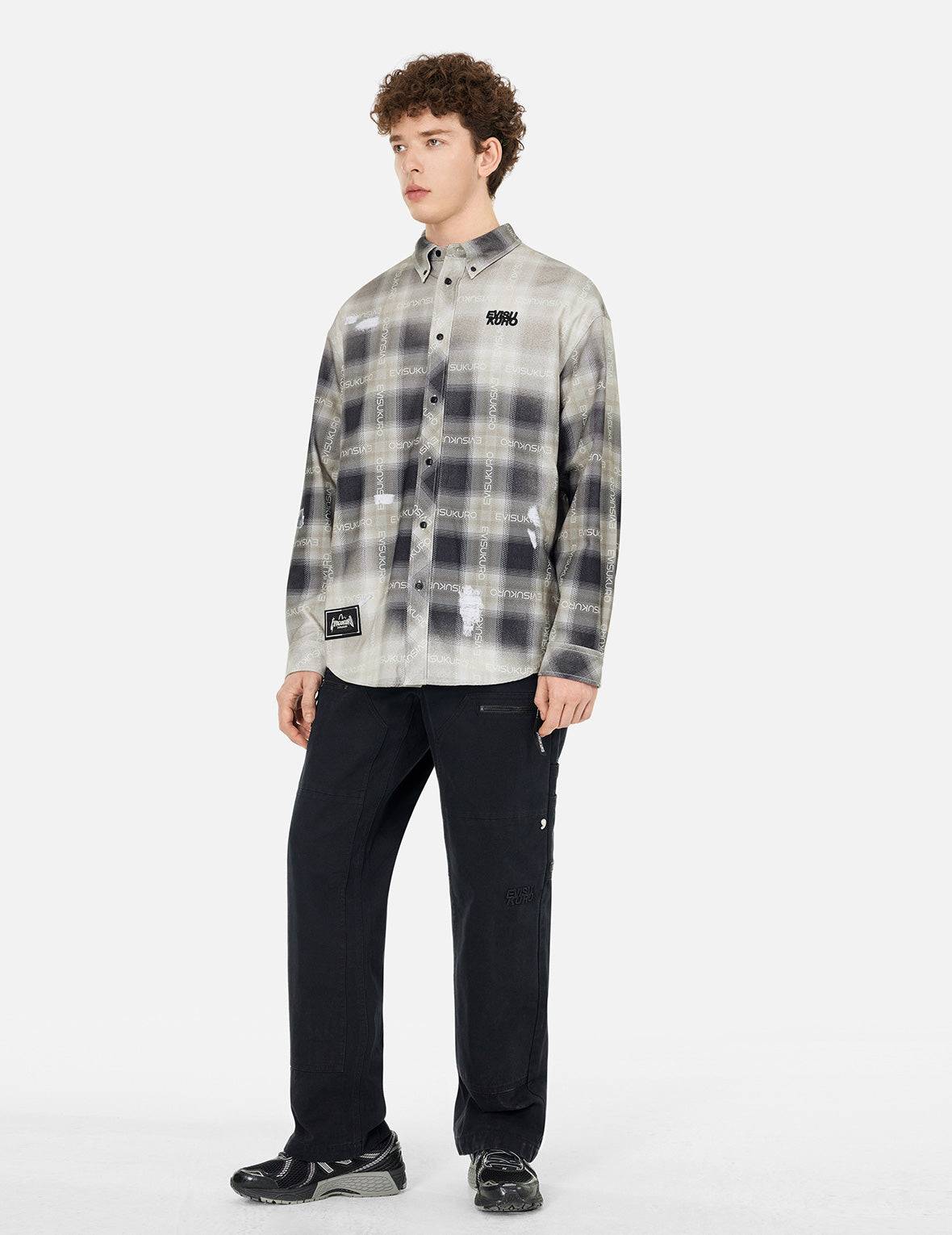 Allover Logo Print Distressed Oversized Check Shirt