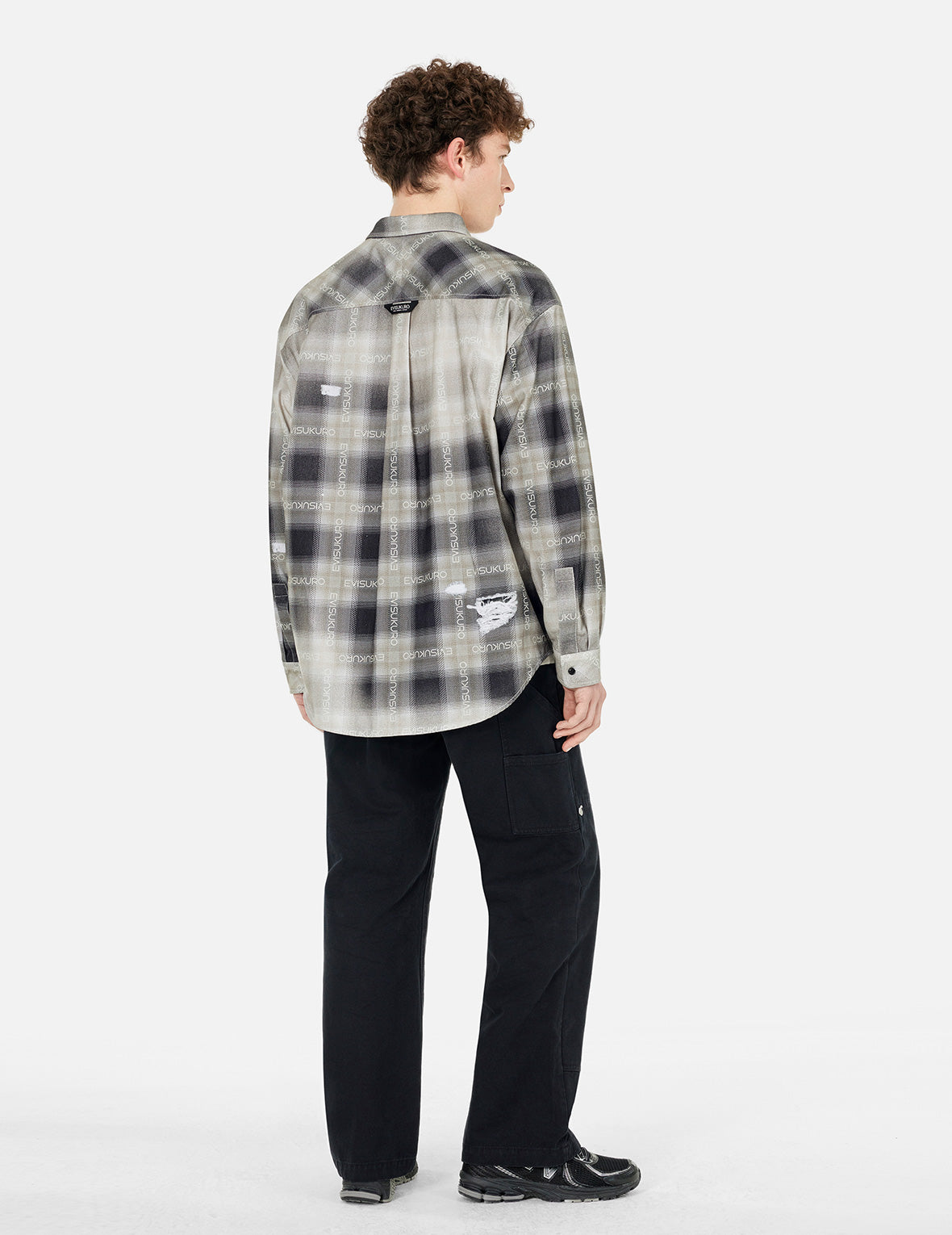 Allover Logo Print Distressed Oversized Check Shirt