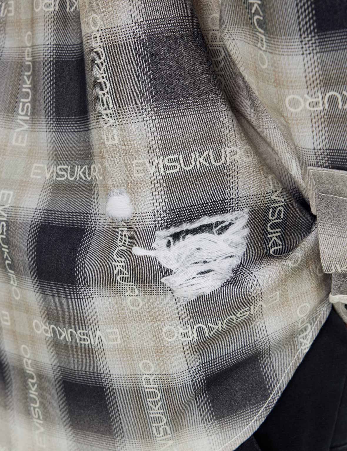Allover Logo Print Distressed Oversized Check Shirt