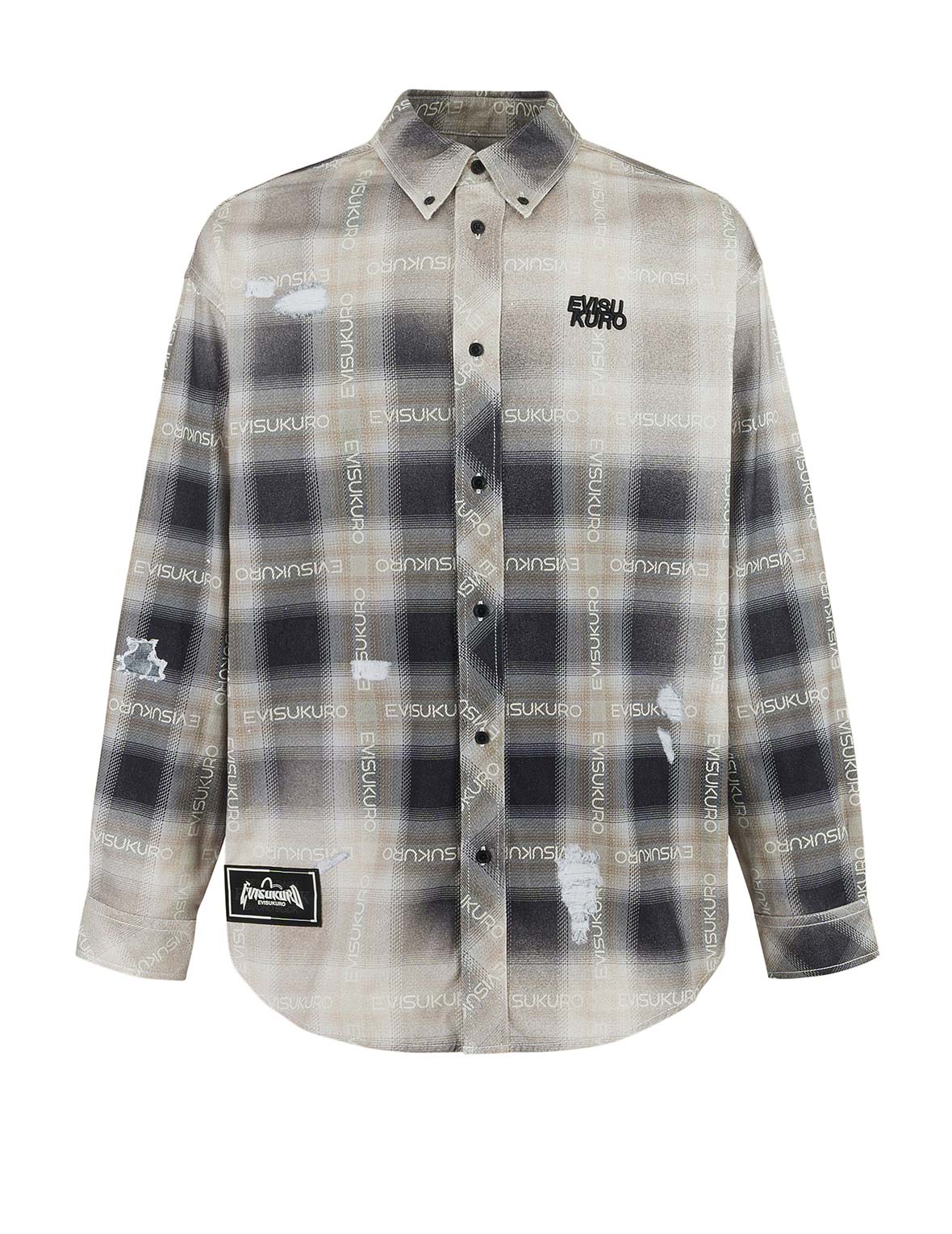 Allover Logo Print Distressed Oversized Check Shirt
