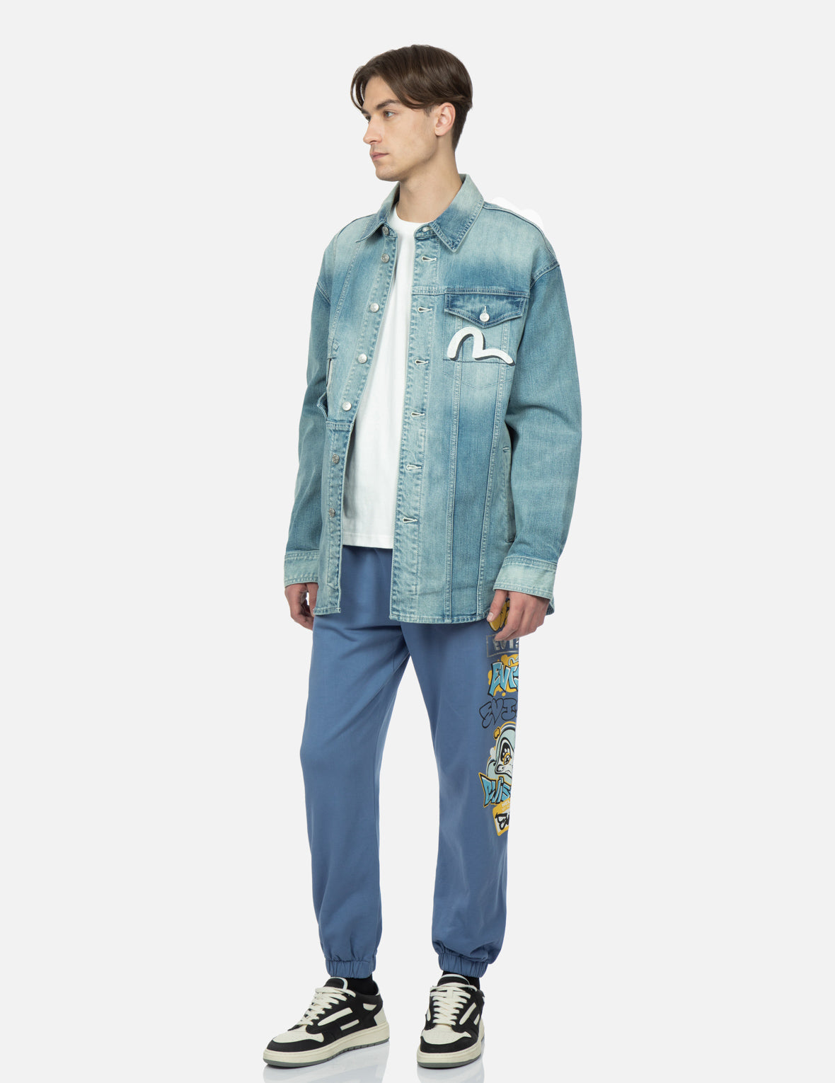 Graffiti Darma Grid Graphic Print Denim Shirt Jacket