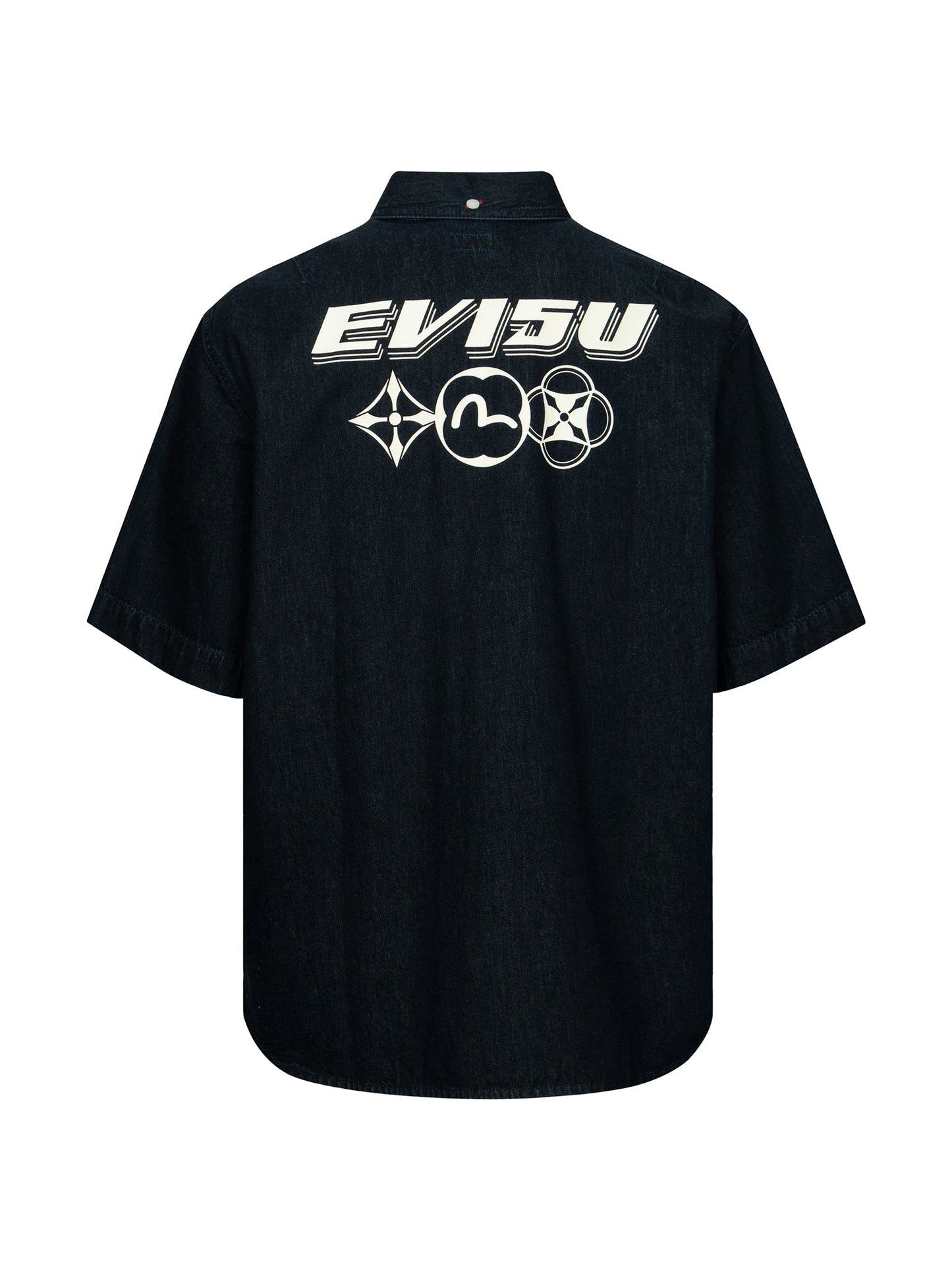 Kamon and Logo Print Oversized Denim Short-Sleeves Shirt