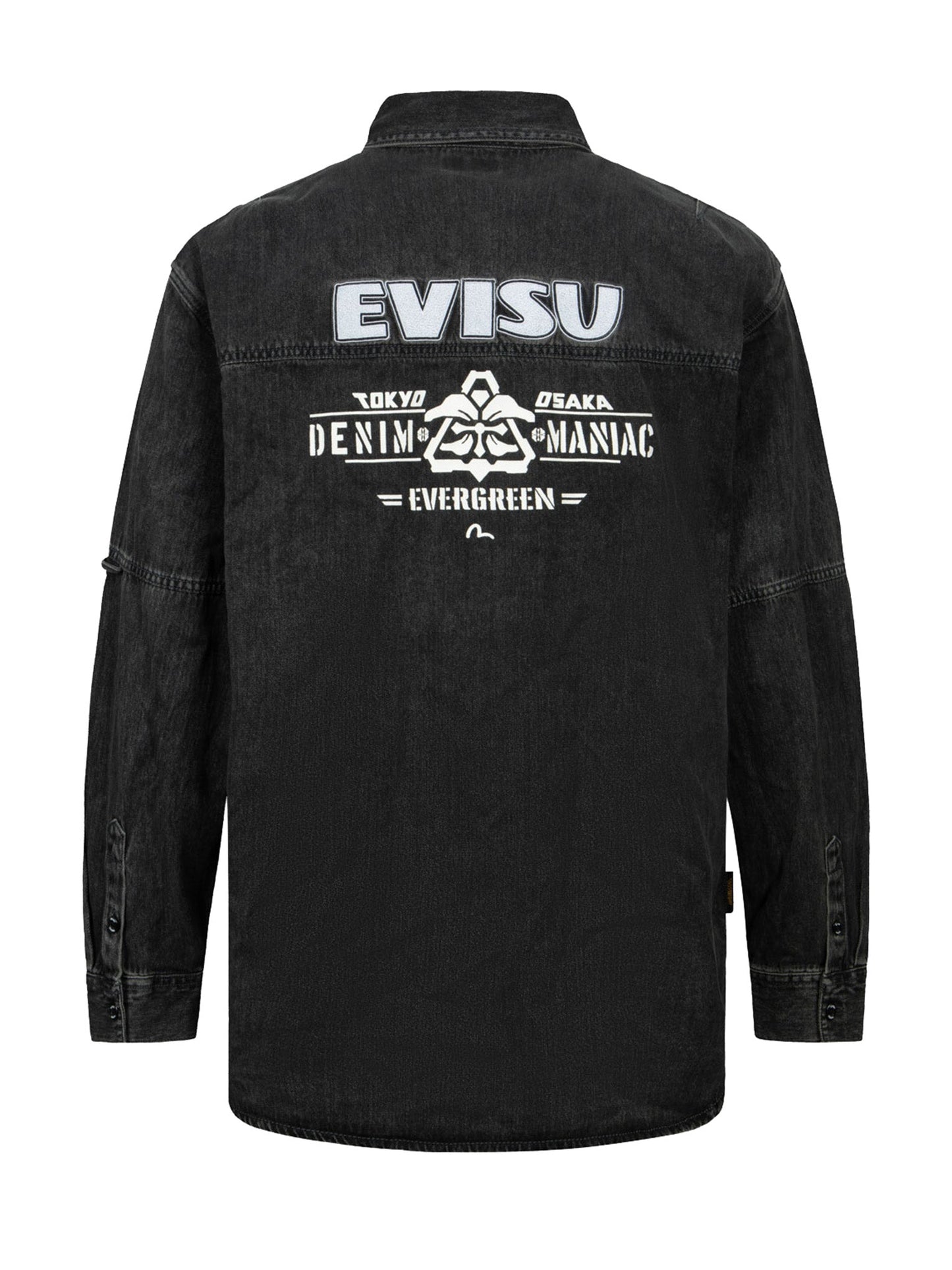 Kamon Print and Logo Embroidery Loose Fit Denim Shirt