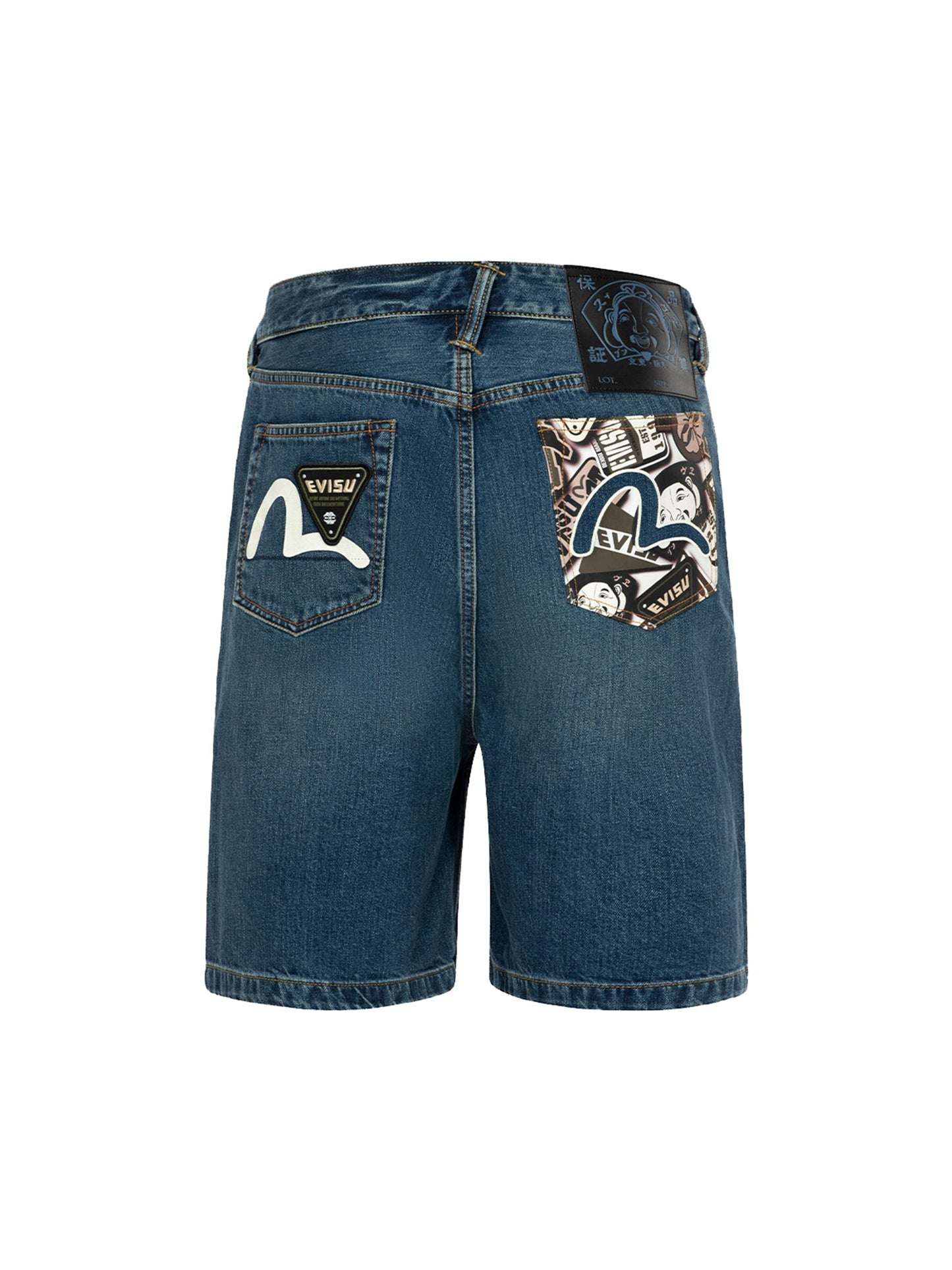 Allover Godhead Print and Seagull Embroidery Relax Fit Denim Shorts