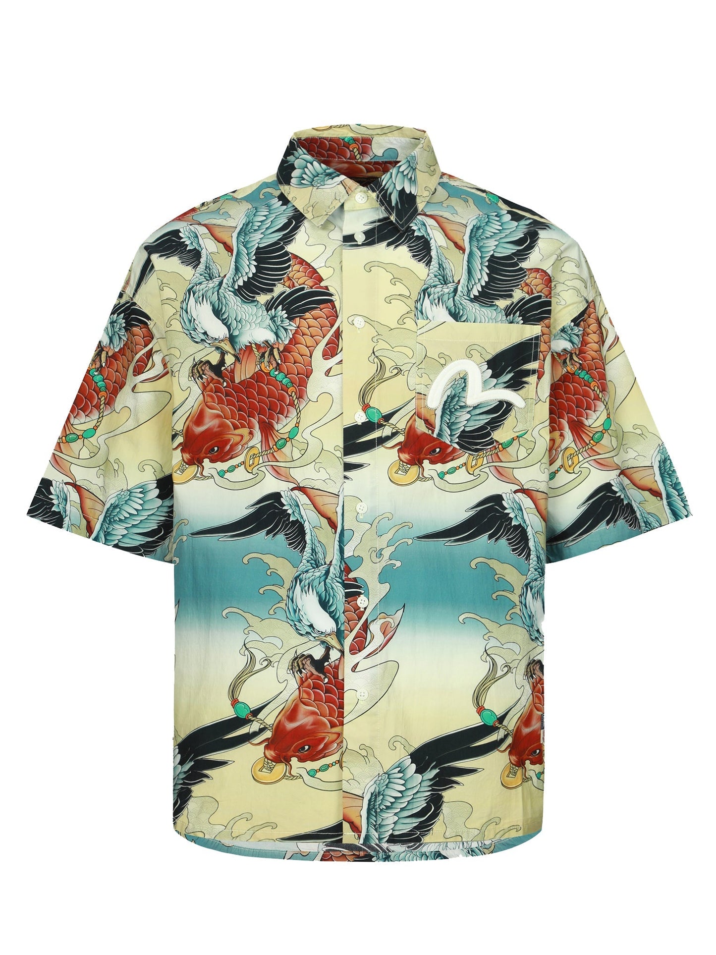 Colorful Seagull and Carp Print Loose Fit Short Sleeve Shirt