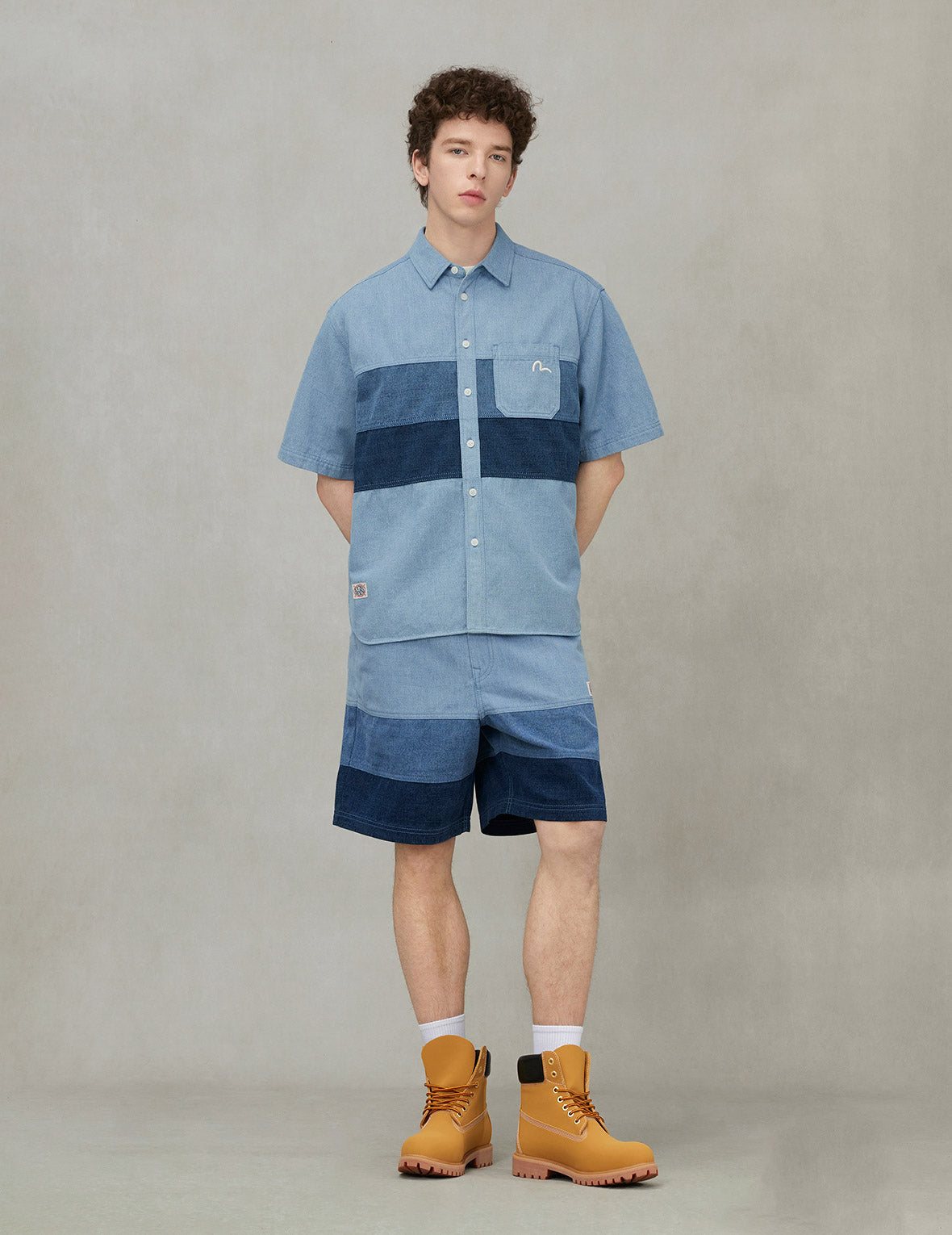 Panel Design Fashion Fit Denim Short-Sleeves Shirt