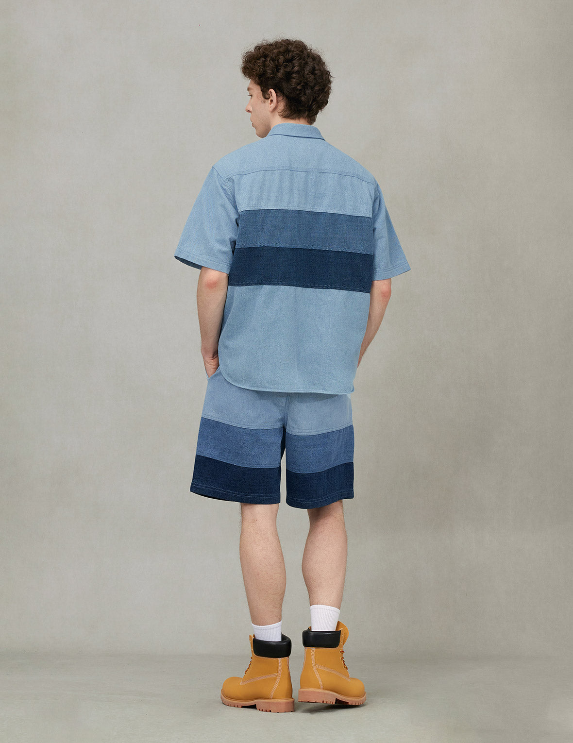 Panel Design Fashion Fit Denim Short-Sleeves Shirt