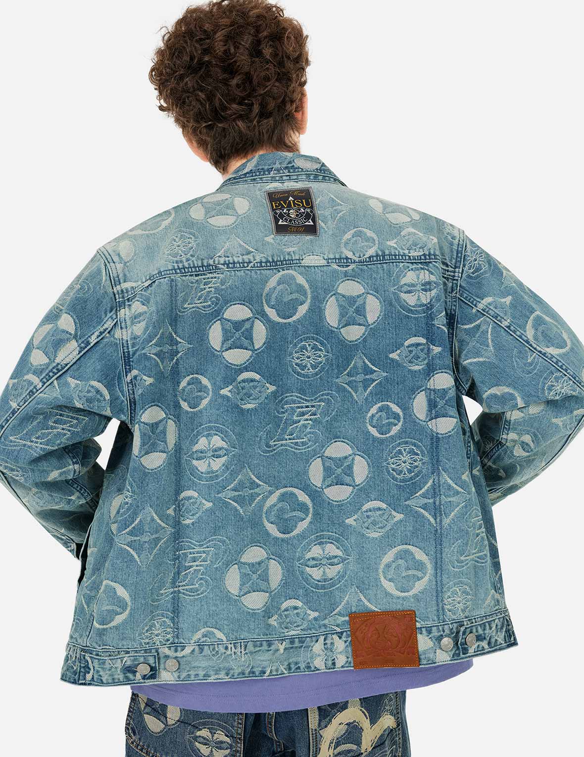 Allover Kamon Jacquard Loose Fit Denim Jacket