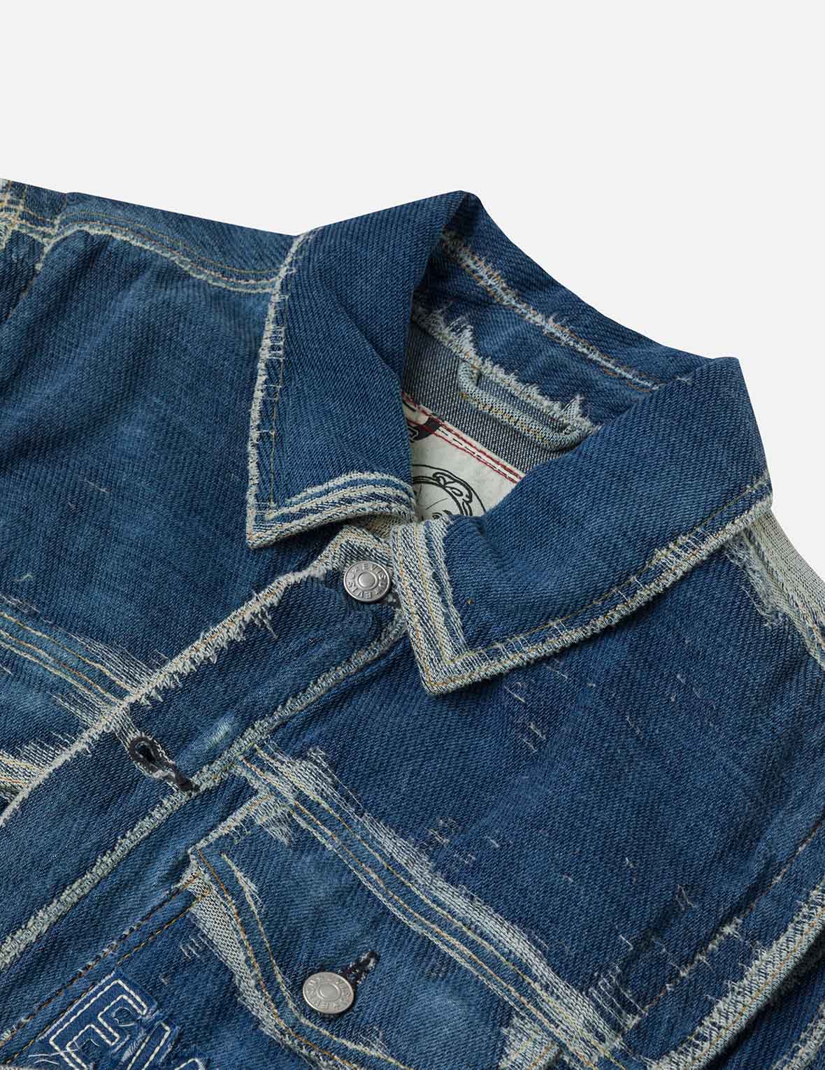 Distressed Logo and Seagull Embroidery Relax Fit Denim Jacket