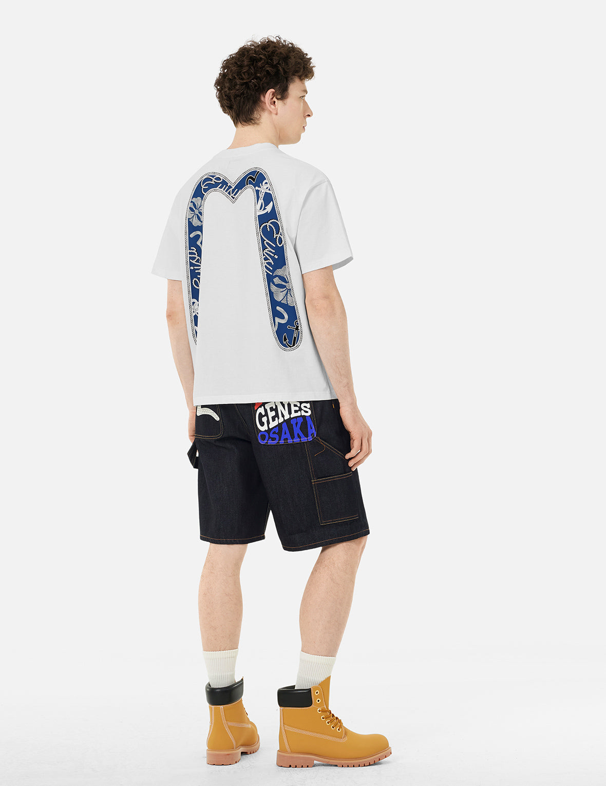 Seagull Embroidery and Slogan Print Regular Fit Denim Shorts