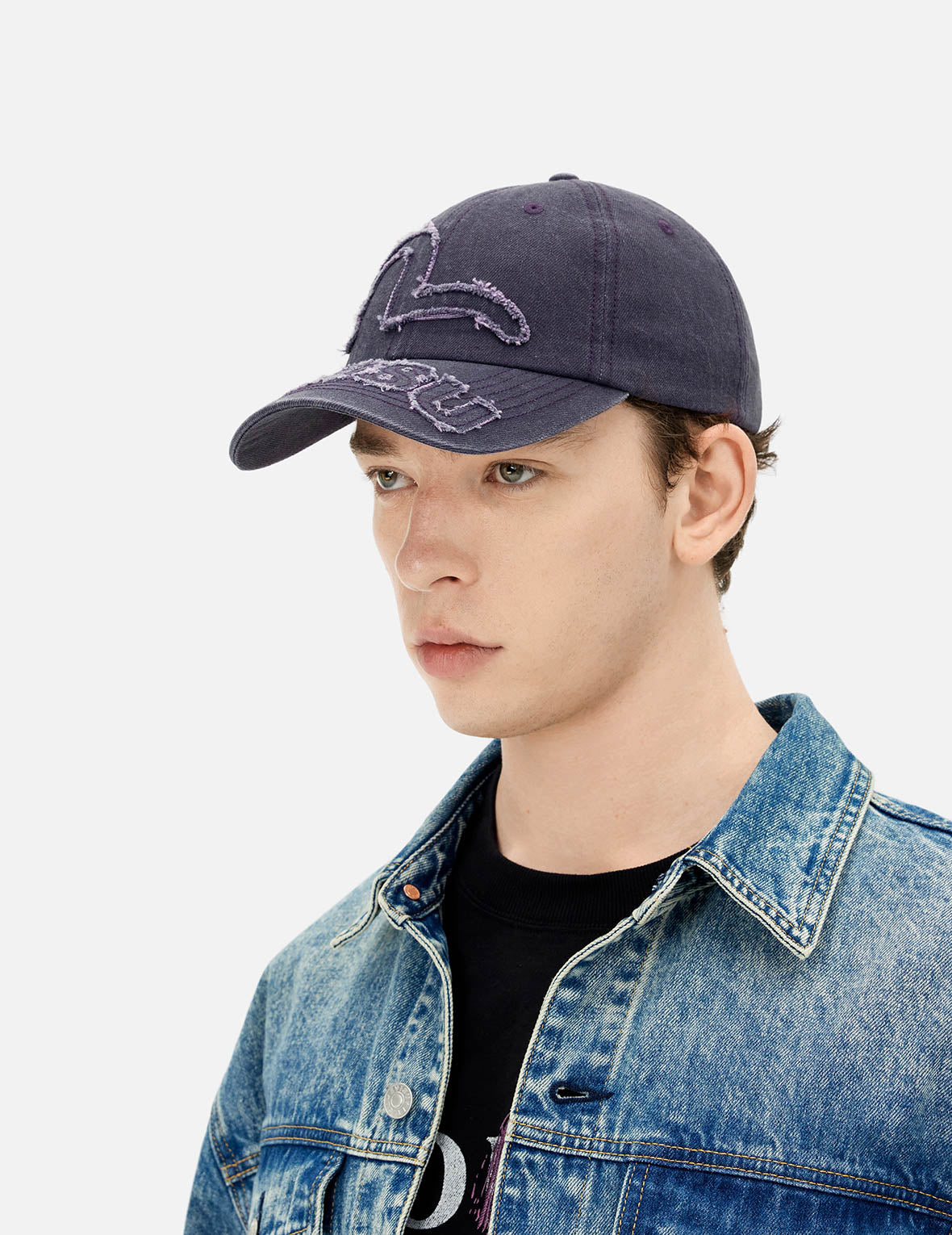 Distressed Seagull and Logo Embroidery Denim Cap