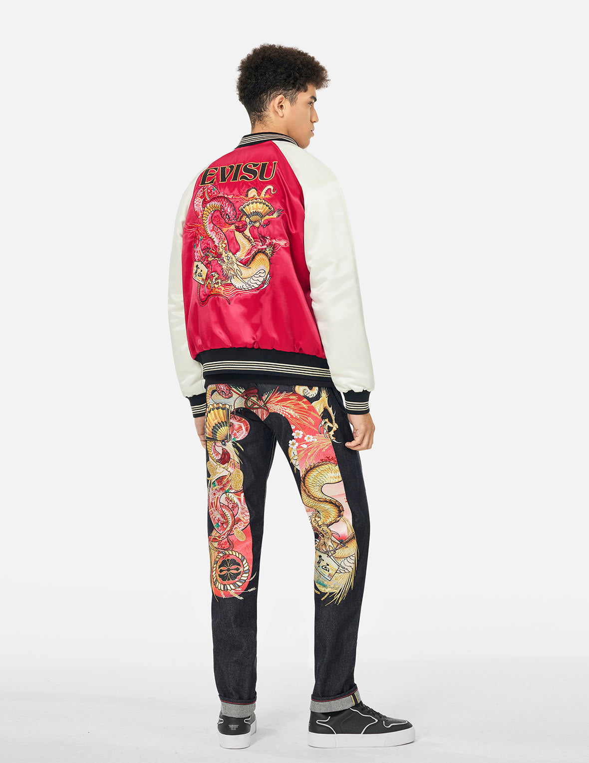 Soaring Snake Embroidery and Traditional Japanese Totem Prints Reversible Relax Fit Souvenir - Red Jacket