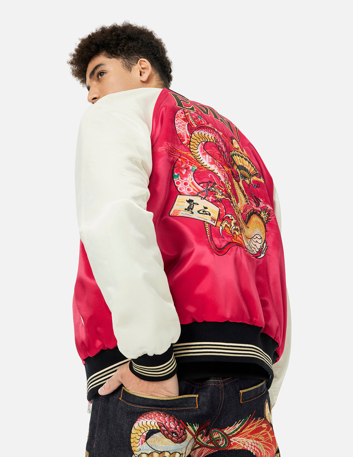 Soaring Snake Embroidery and Traditional Japanese Totem Prints Reversible Relax Fit Souvenir - Red Jacket