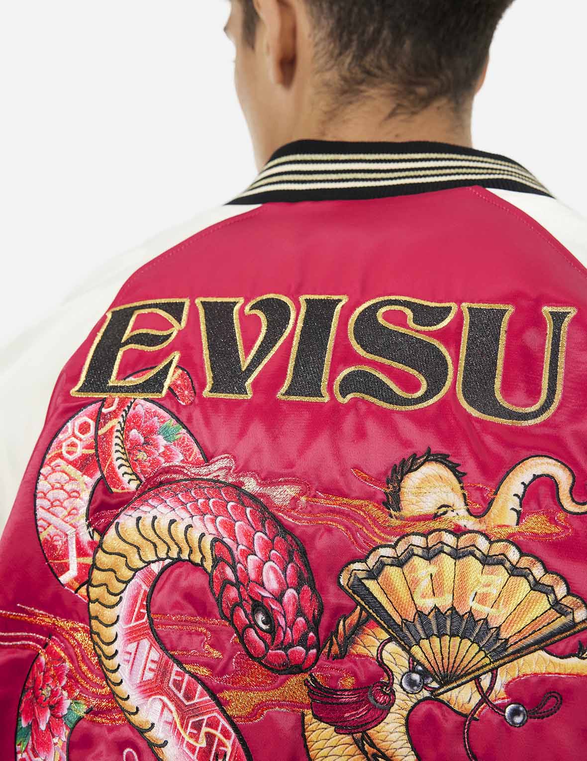 Soaring Snake Embroidery and Traditional Japanese Totem Prints Reversible Relax Fit Souvenir - Red Jacket