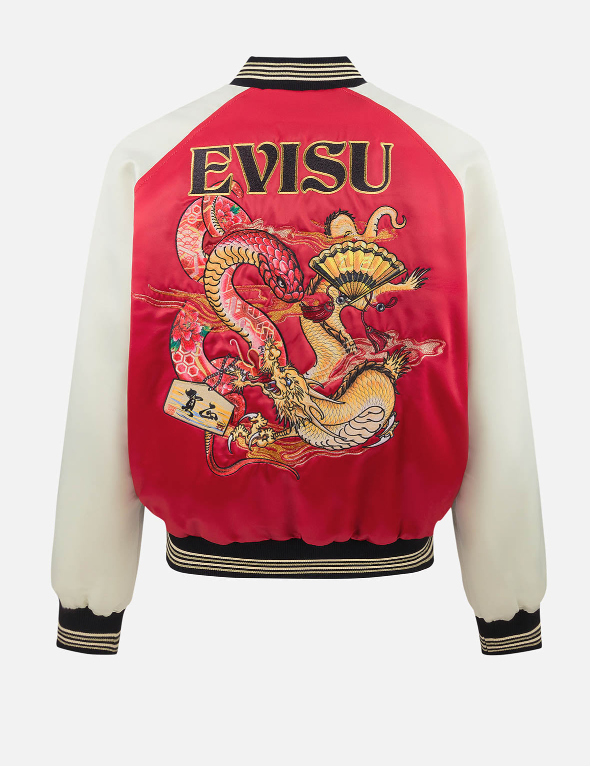 Soaring Snake Embroidery and Traditional Japanese Totem Prints Reversible Relax Fit Souvenir - Red Jacket