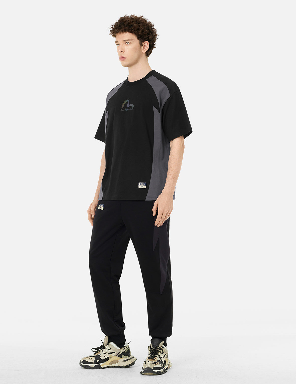 Panel Blocking with Colorful Logo Print Loose Fit T-Shirt