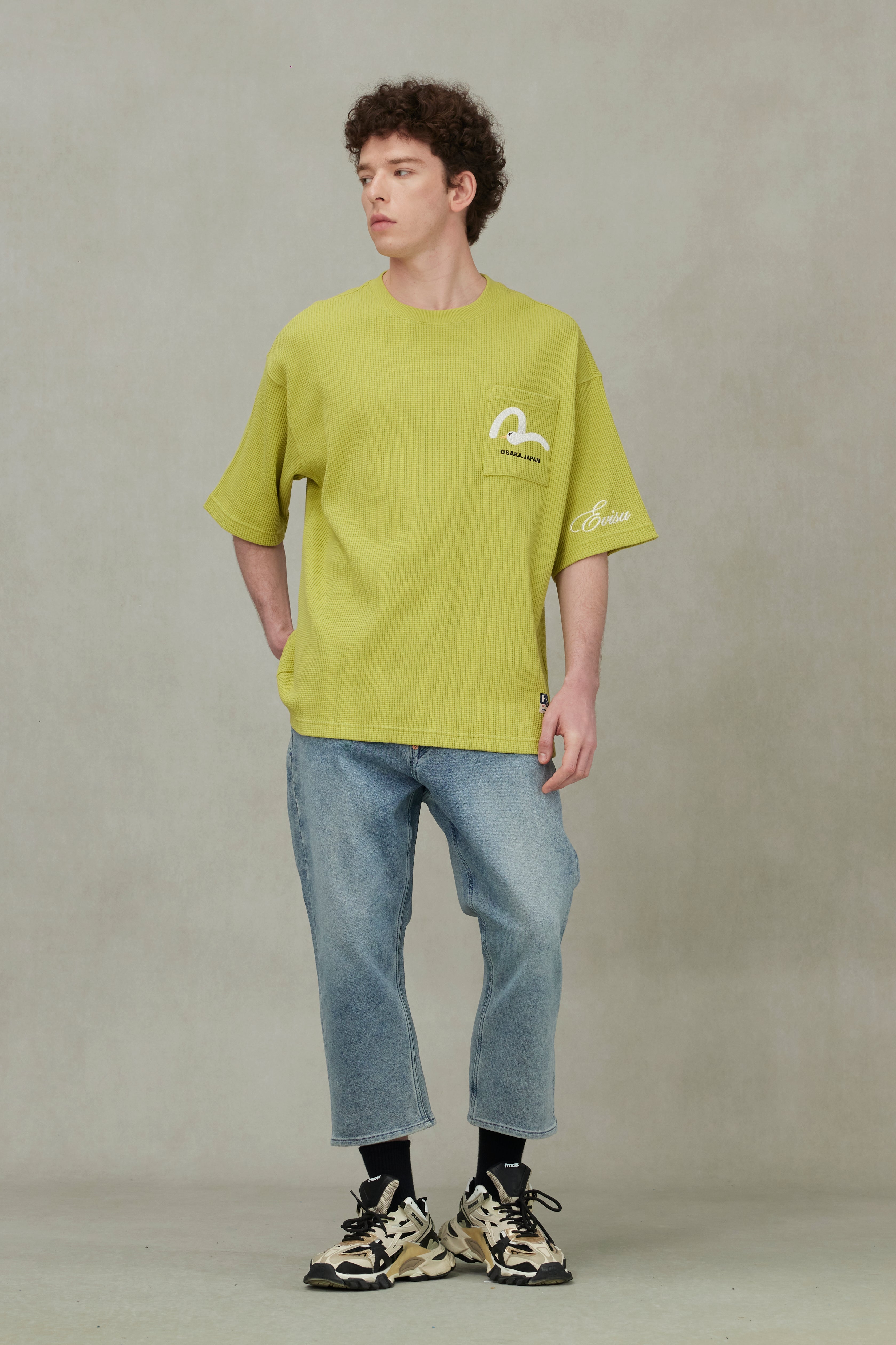 Seagull and Logo Embroidery Oversized Short-Sleeve Waffle Sweatshirt